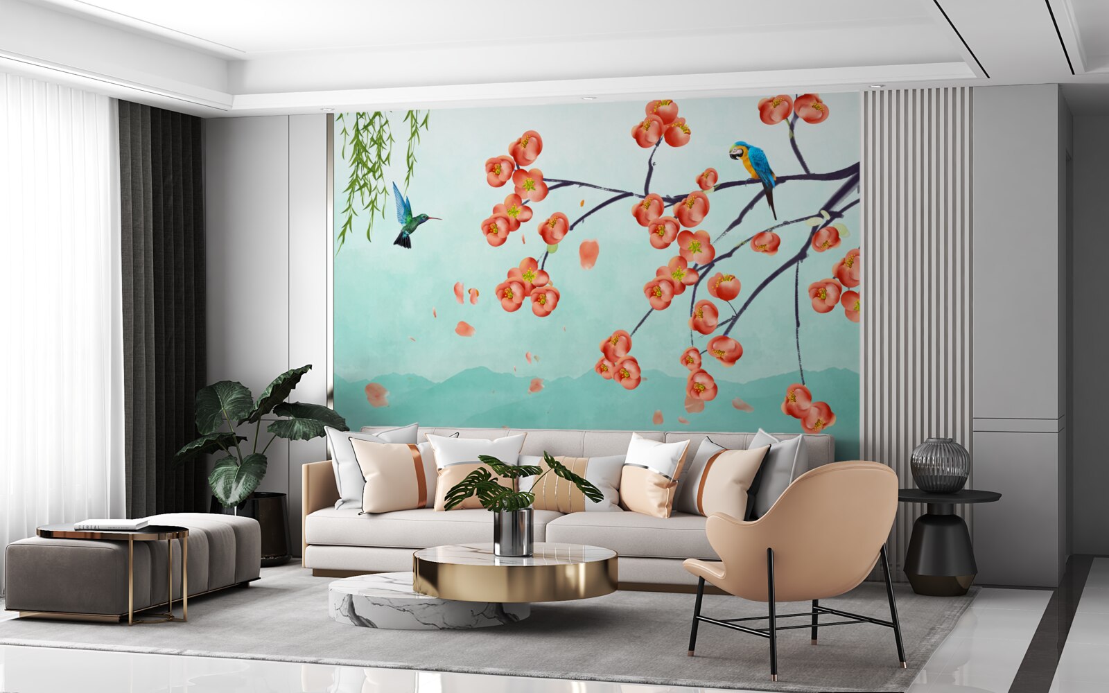 Fototapet munții înconjoară frumusețea florilor de cireș japoneze