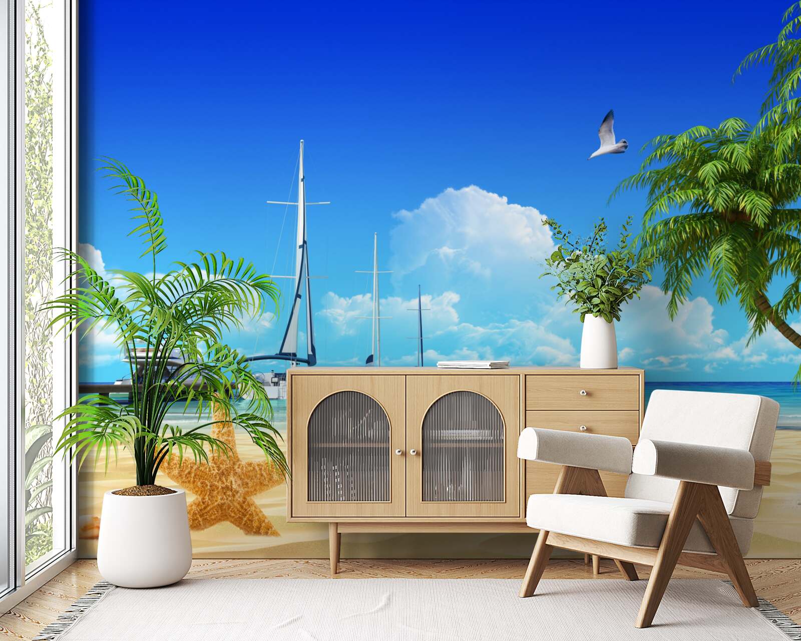 Fototapet bărcile stau pe chei pe țărmul nisipos