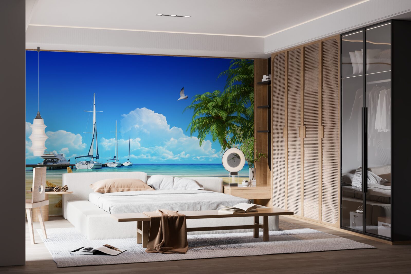 Fototapet bărcile stau pe chei pe țărmul nisipos