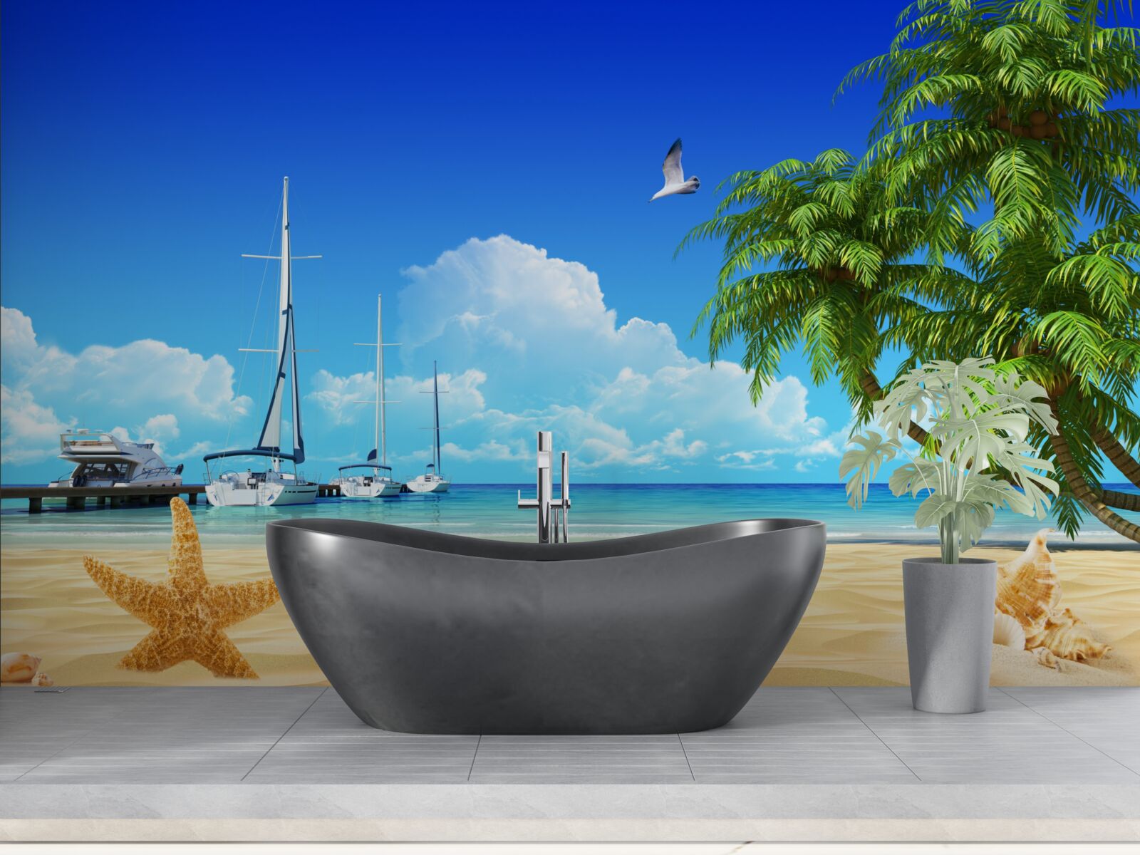 Fototapet bărcile stau pe chei pe țărmul nisipos