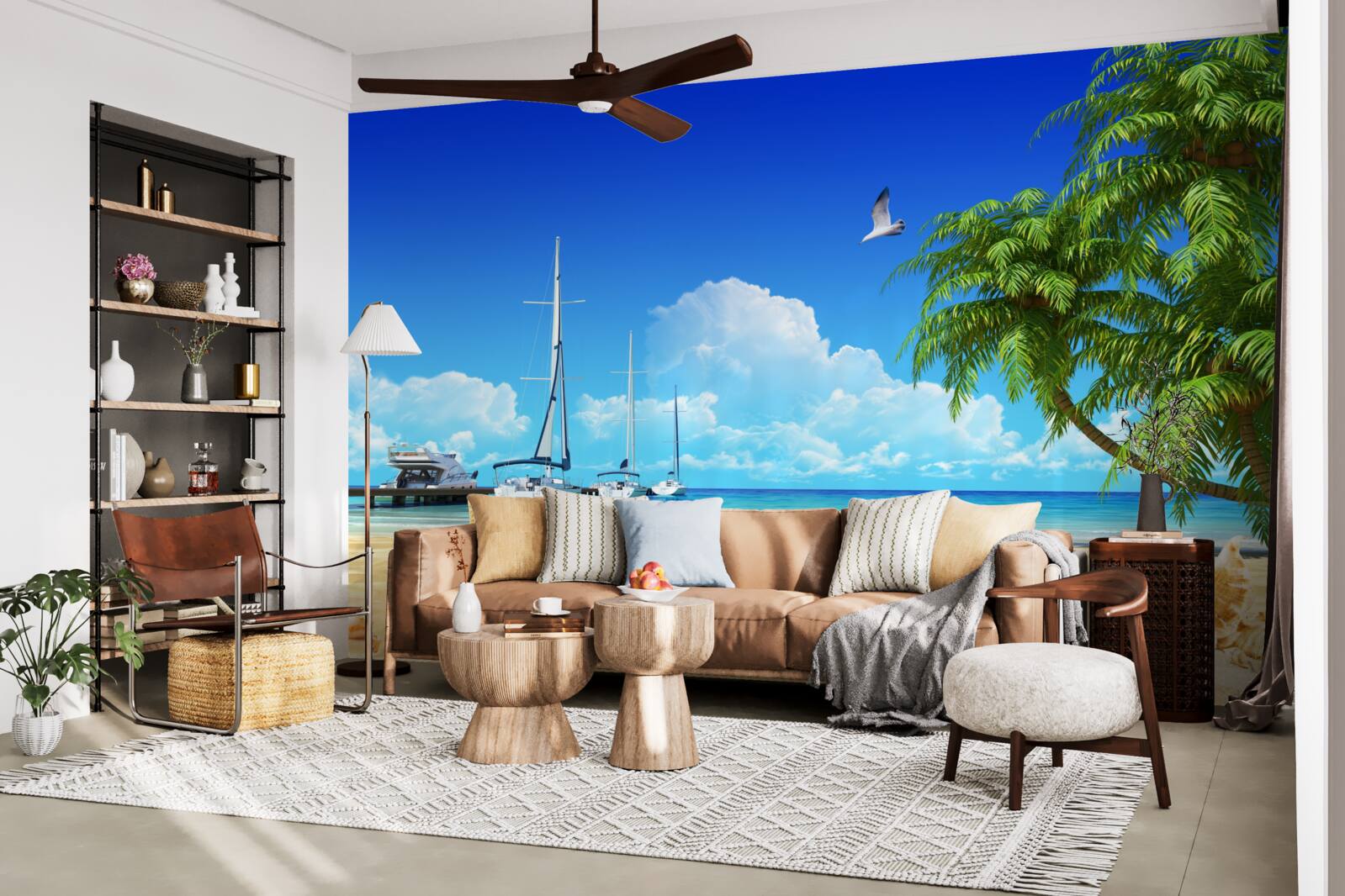 Fototapet bărcile stau pe chei pe țărmul nisipos