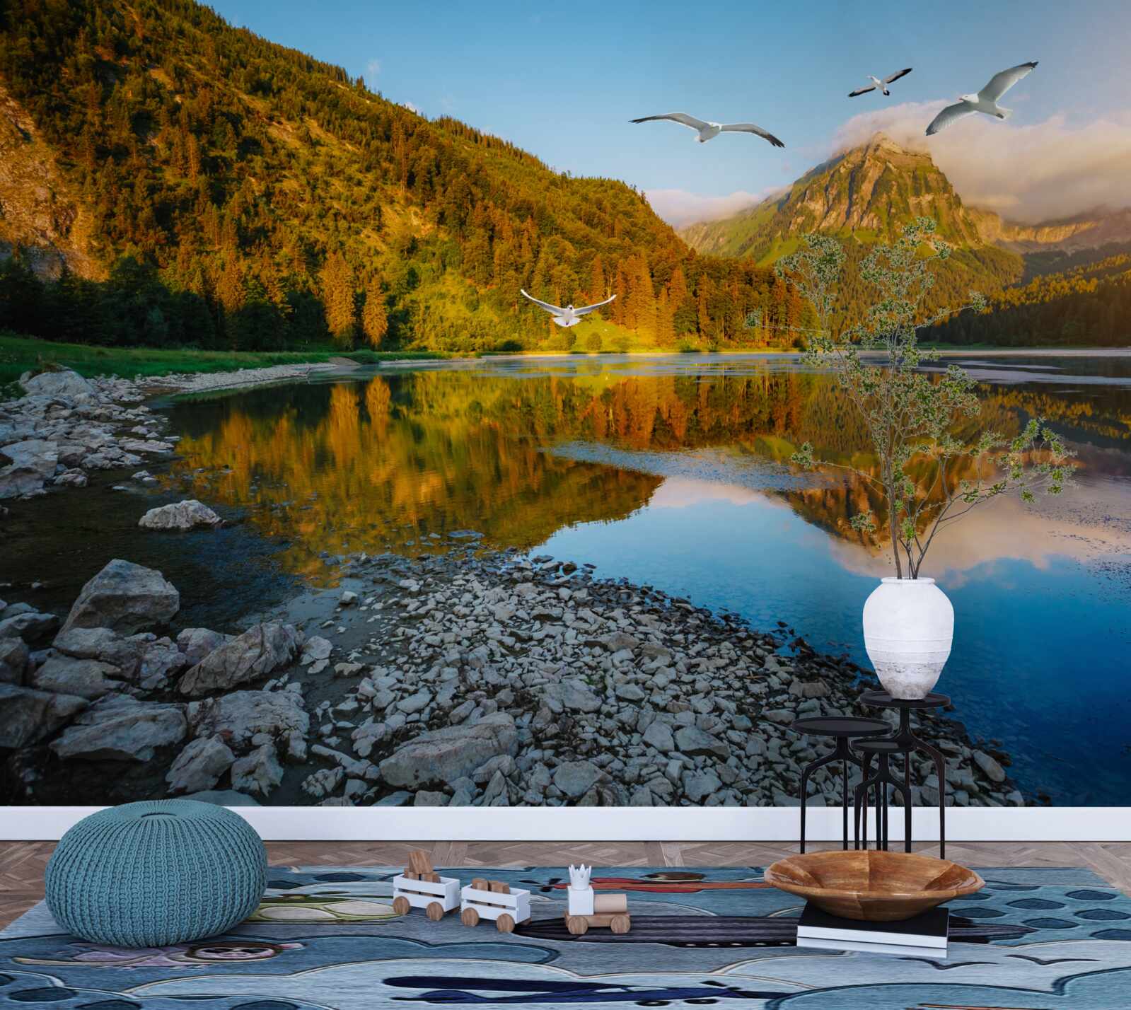 Fototapet păsări zburând deasupra apelor de munte