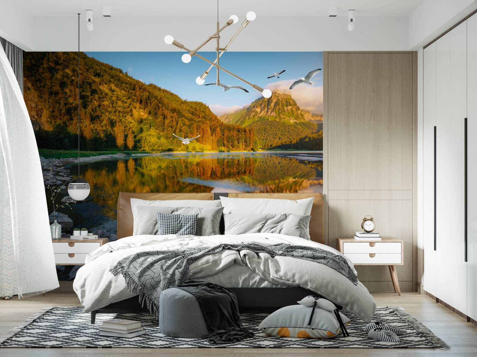 Fototapet păsări zburând deasupra apelor de munte