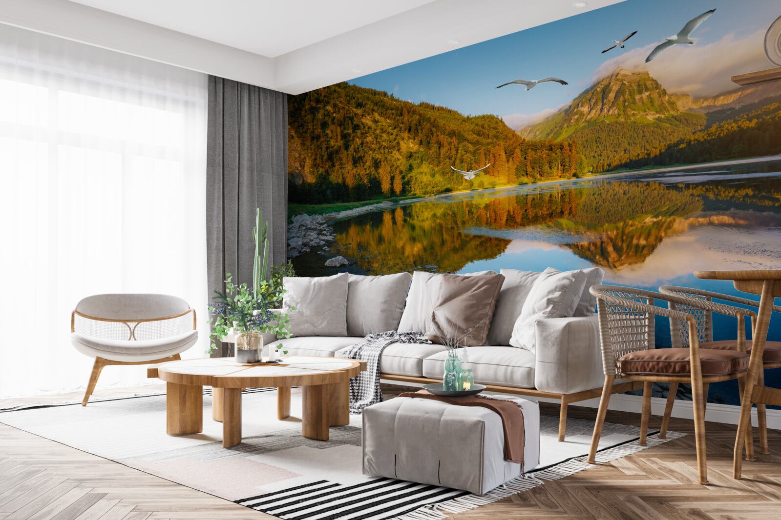 Fototapet păsări zburând deasupra apelor de munte