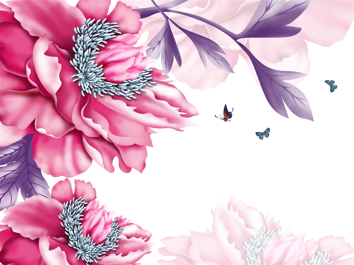 Fototapet fluturi și flori roz pe un fundal