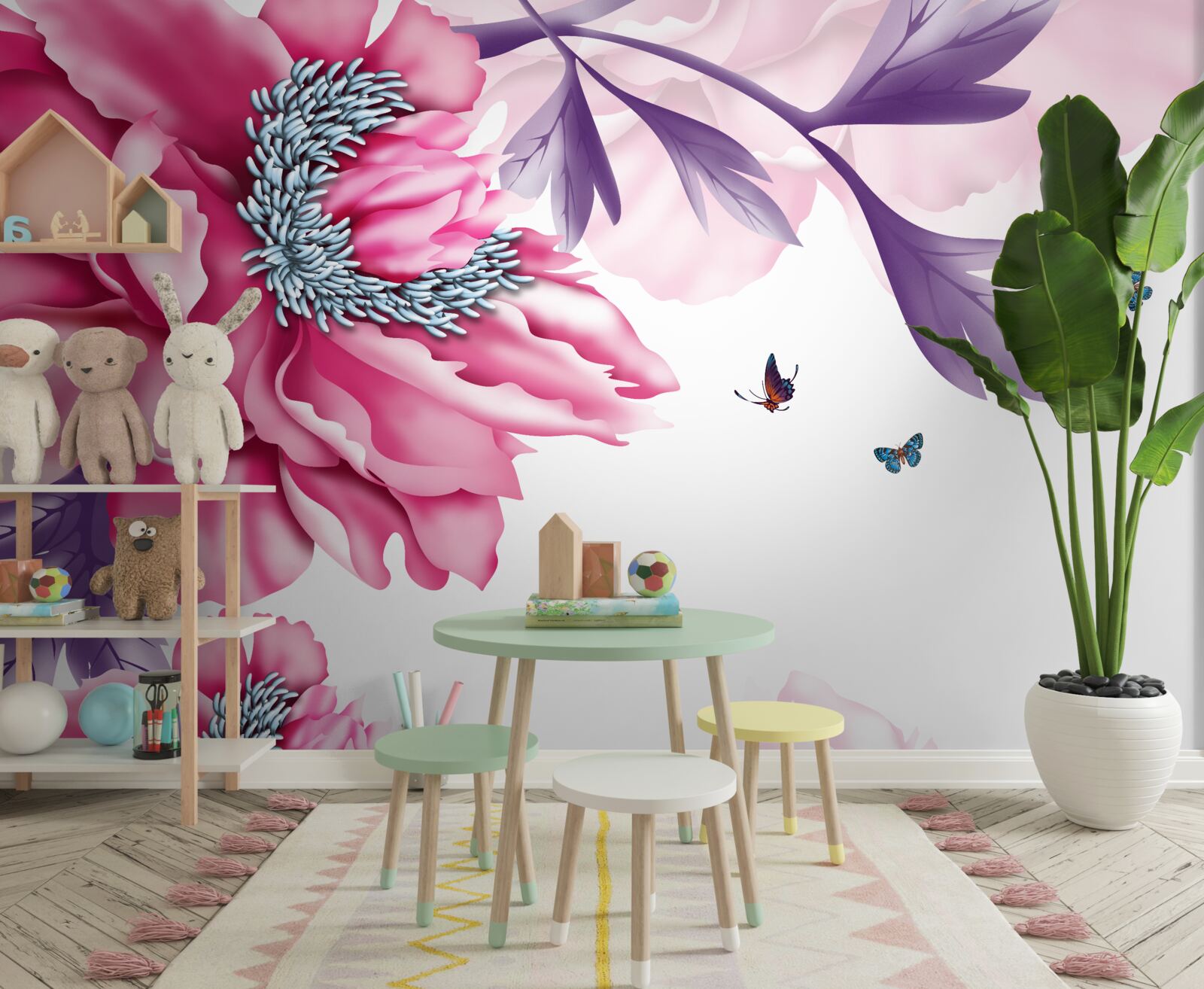 Fototapet fluturi și flori roz pe un fundal