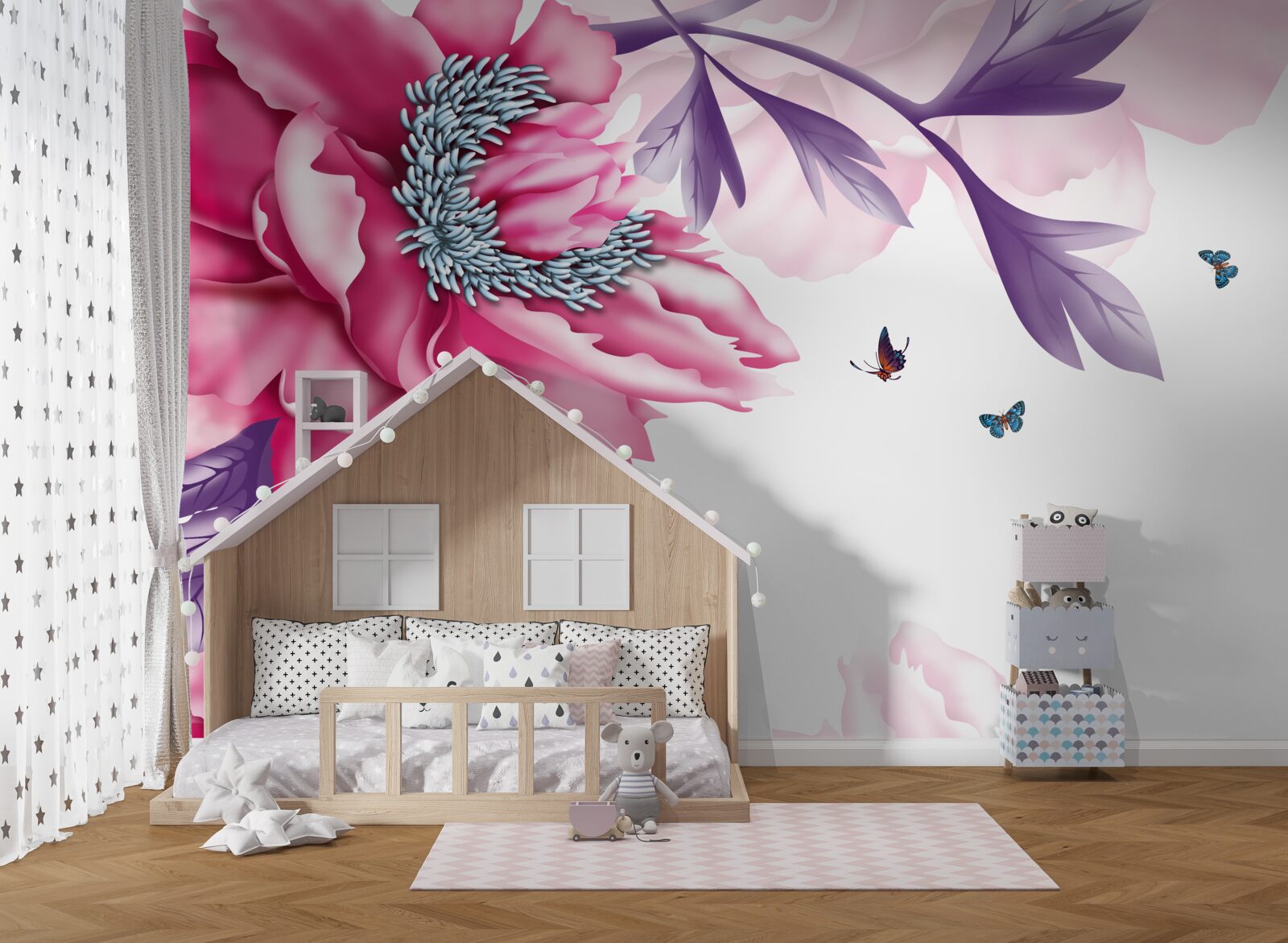 Fototapet fluturi și flori roz pe un fundal