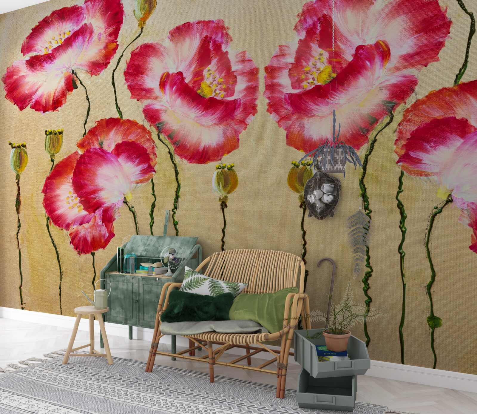 Fototapet muguri și flori de maci în nuanțe de roșu și alb