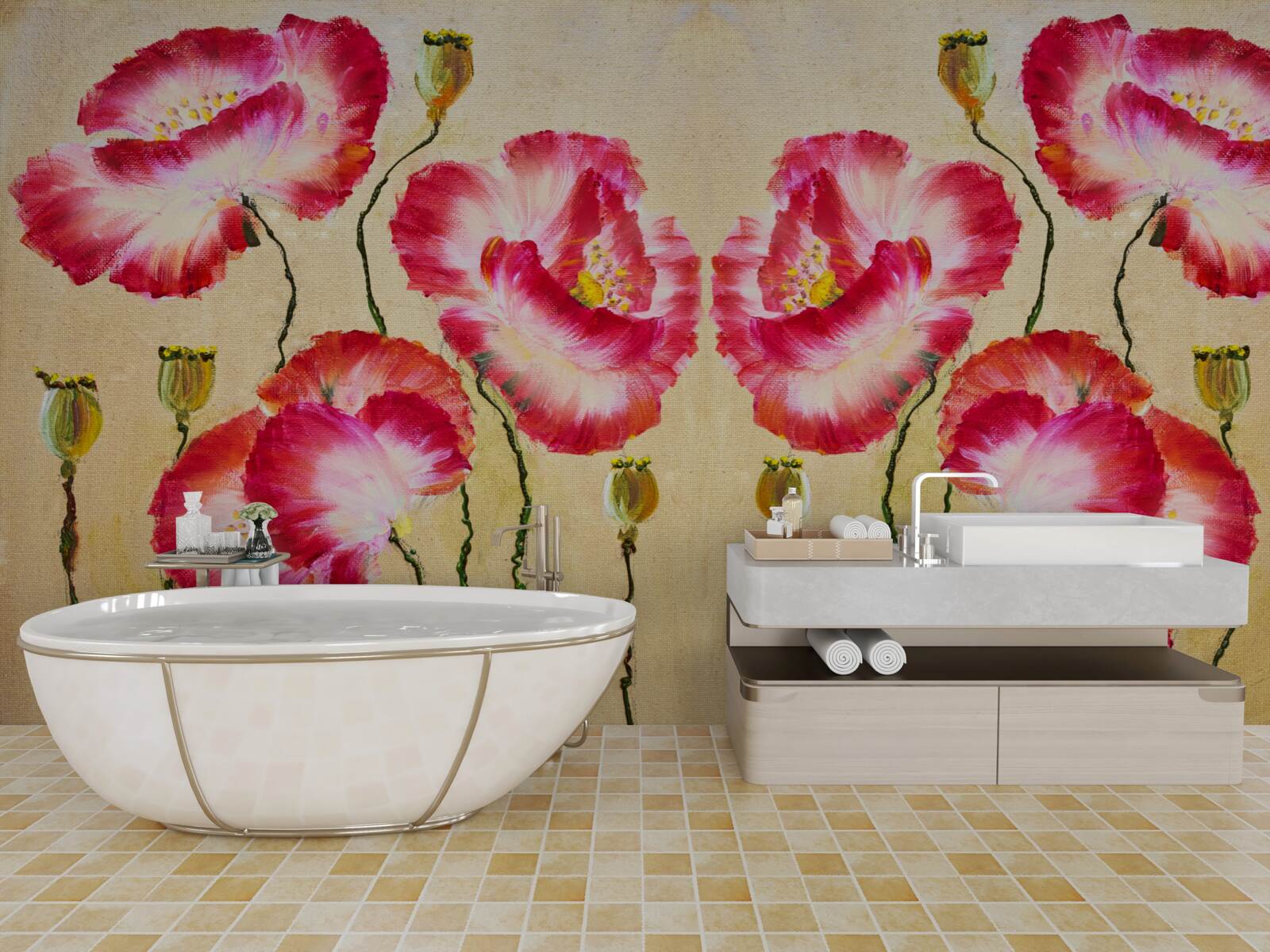 Fototapet muguri și flori de maci în nuanțe de roșu și alb