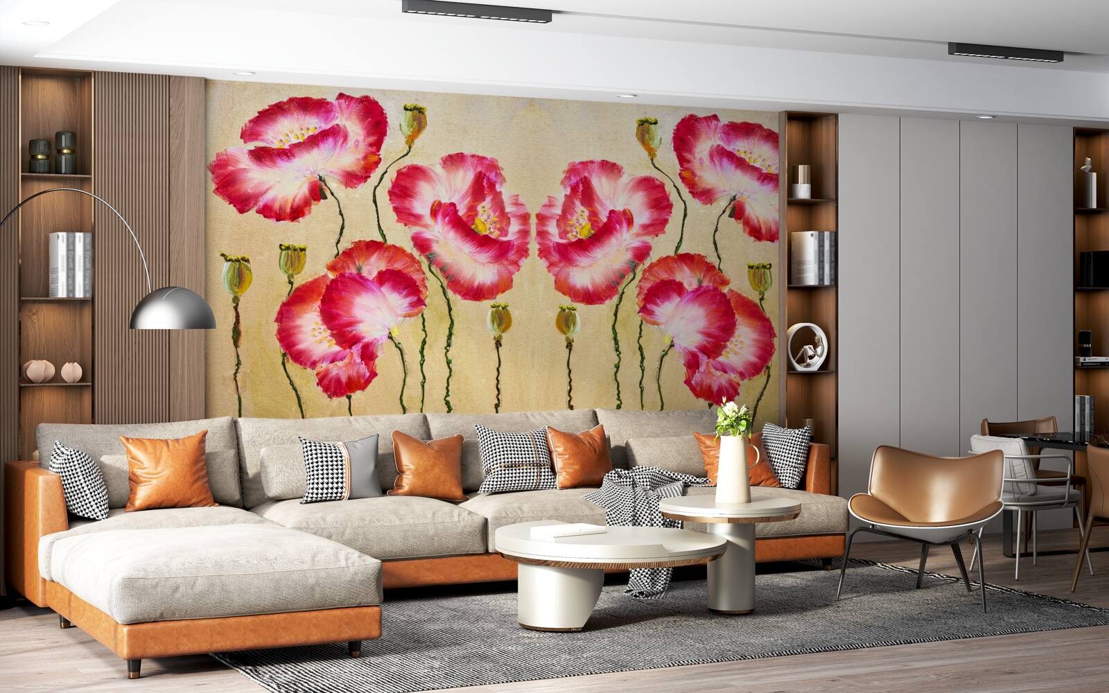 Fototapet muguri și flori de maci în nuanțe de roșu și alb