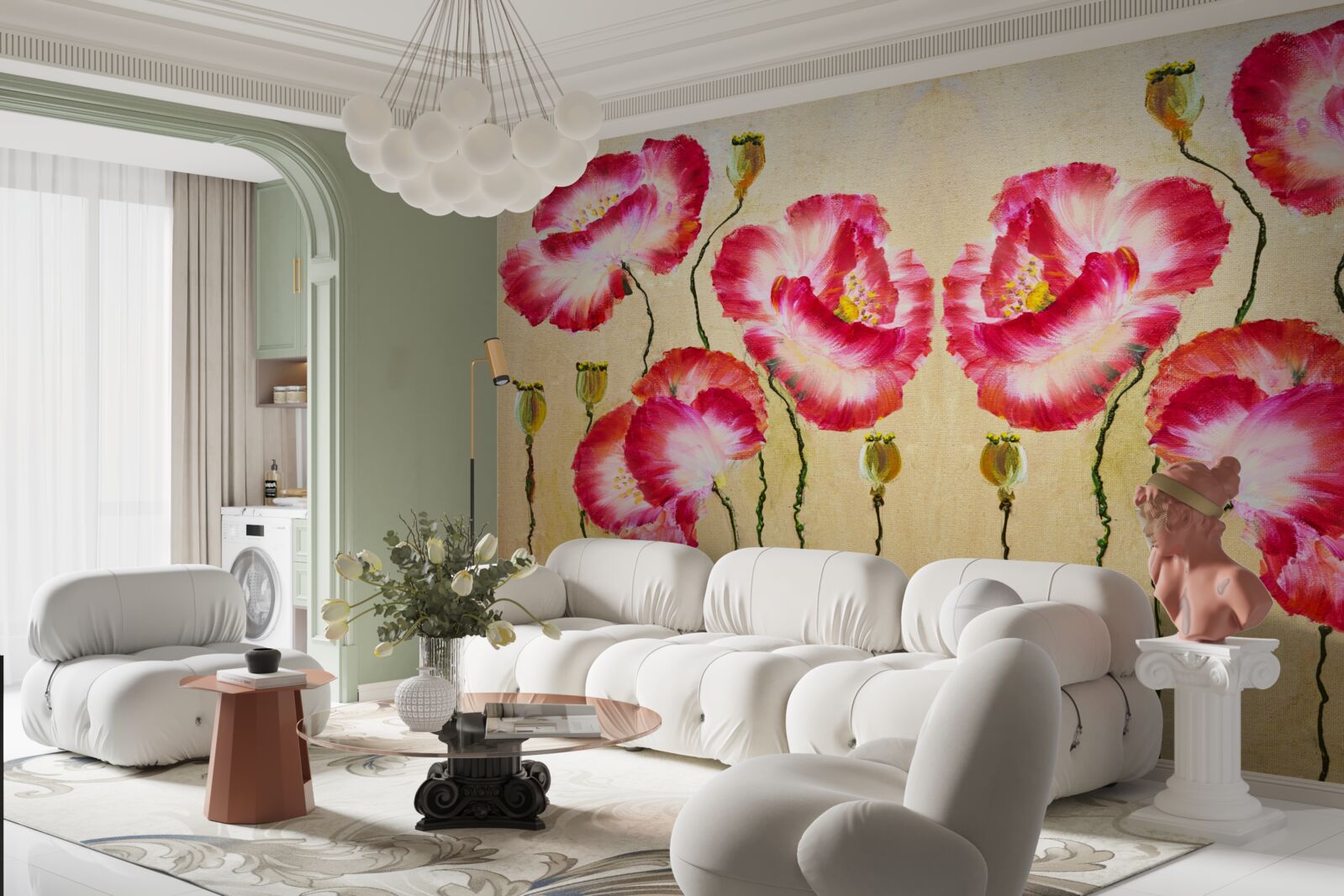 Fototapet muguri și flori de maci în nuanțe de roșu și alb