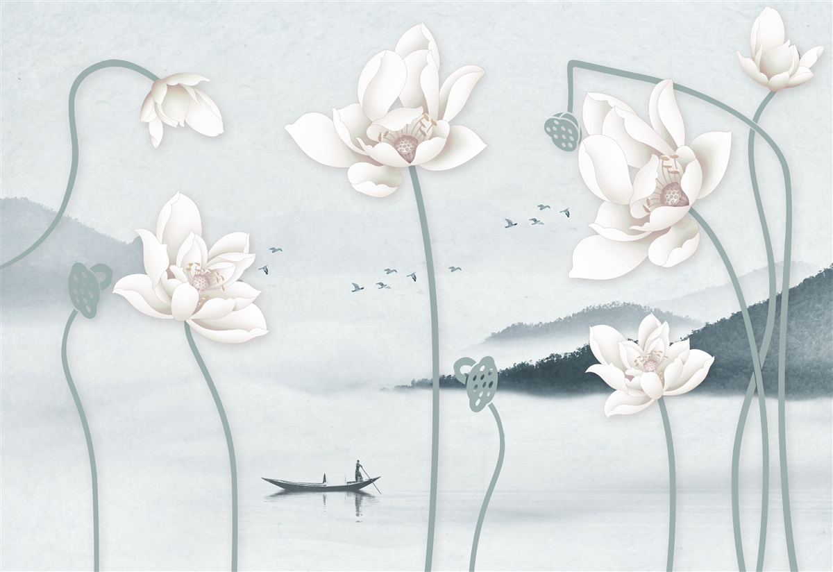 Fototapet Barcă cu pescar și flori albe ca zăpada