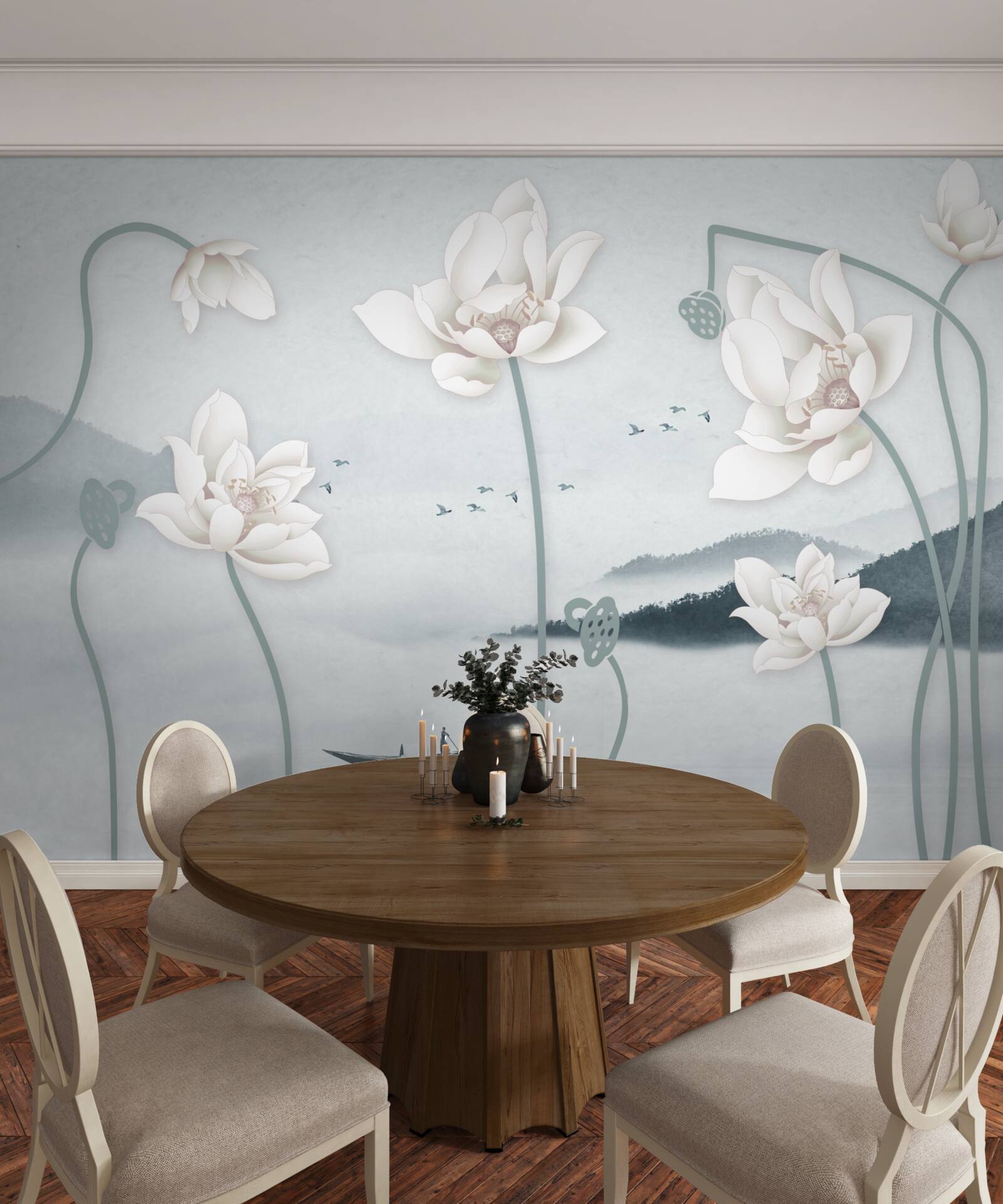 Fototapet Barcă cu pescar și flori albe ca zăpada