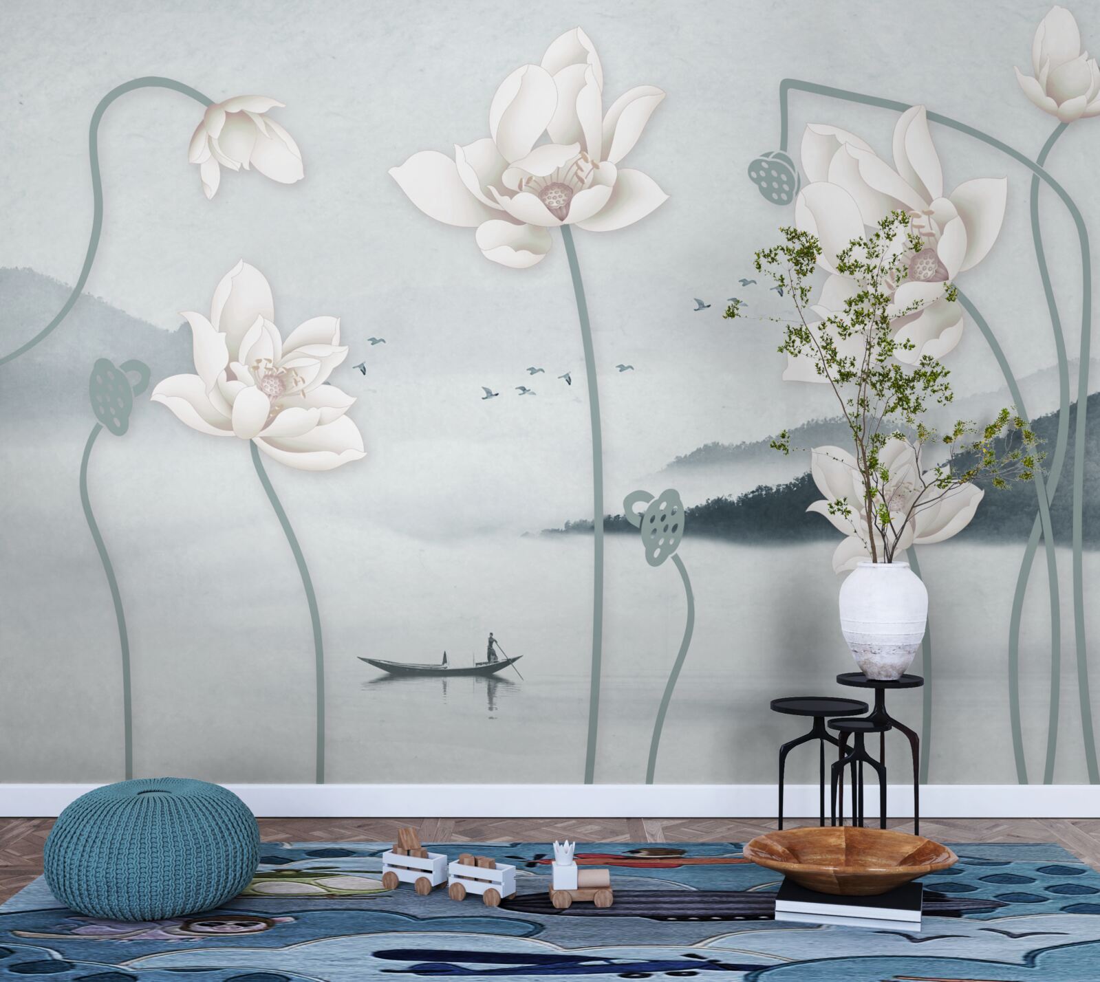 Fototapet Barcă cu pescar și flori albe ca zăpada