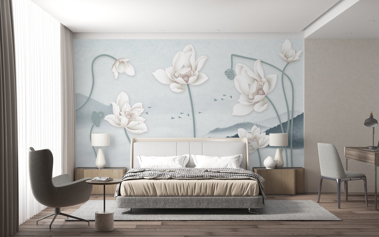 Fototapet Barcă cu pescar și flori albe ca zăpada