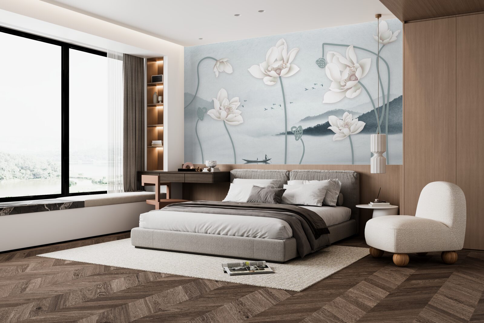 Fototapet Barcă cu pescar și flori albe ca zăpada