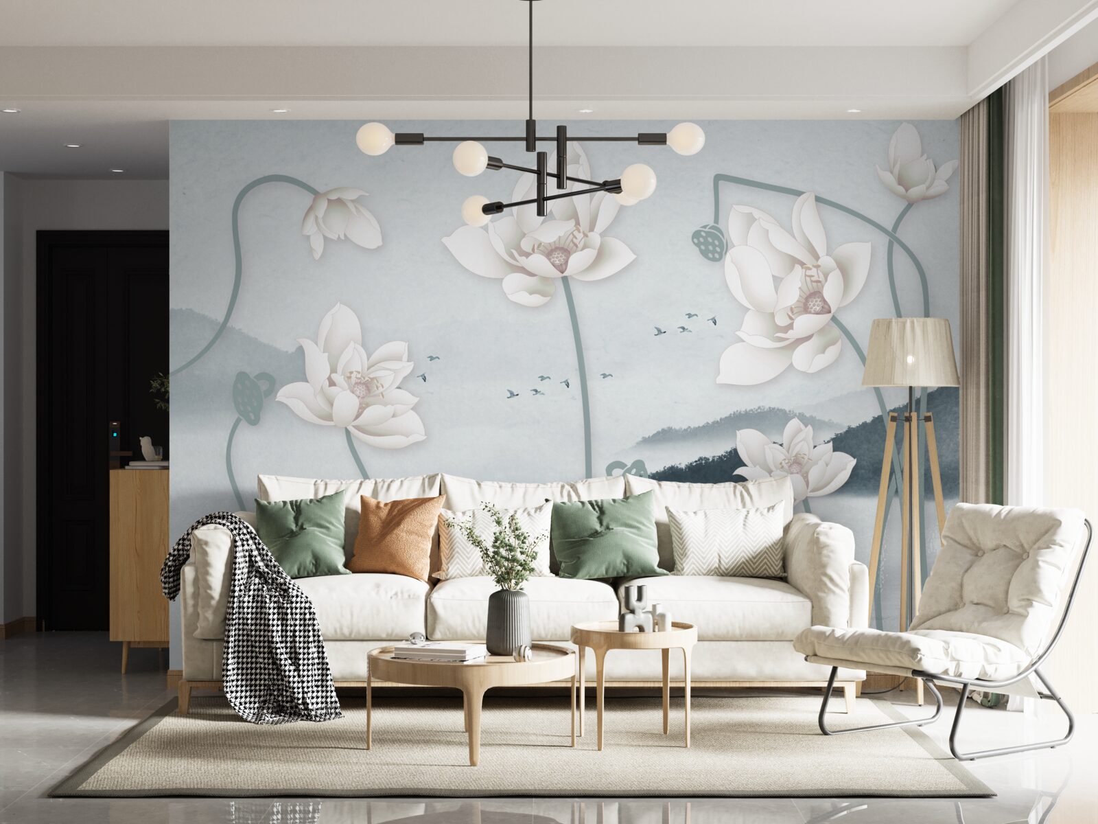 Fototapet Barcă cu pescar și flori albe ca zăpada