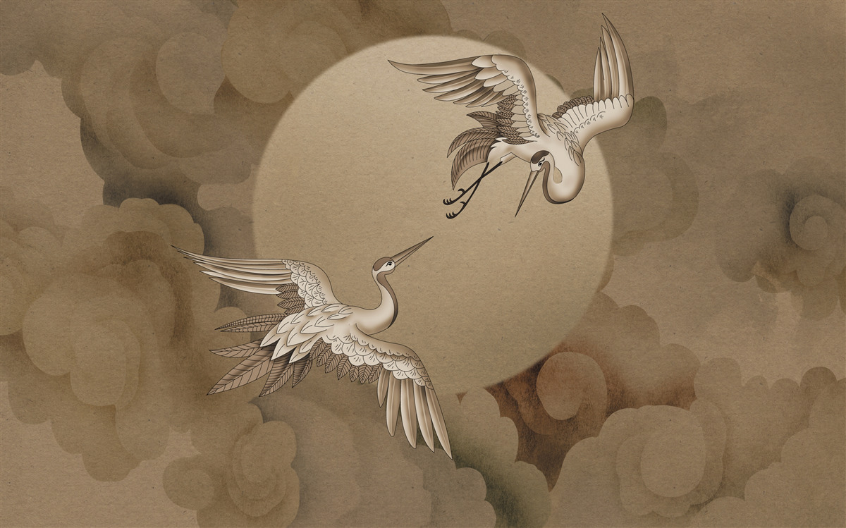 Fototapet dansul cocorilor sub nori