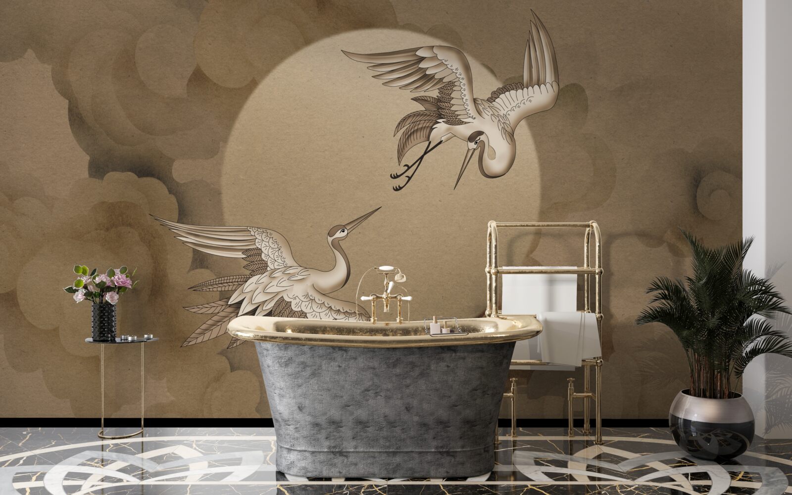 Fototapet dansul cocorilor sub nori