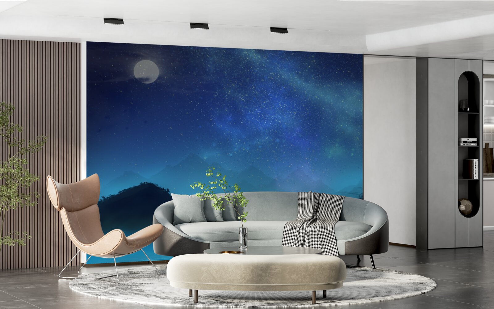 Fototapet Aurorele boreale și cerul înstelat deasupra vârfurilor munților