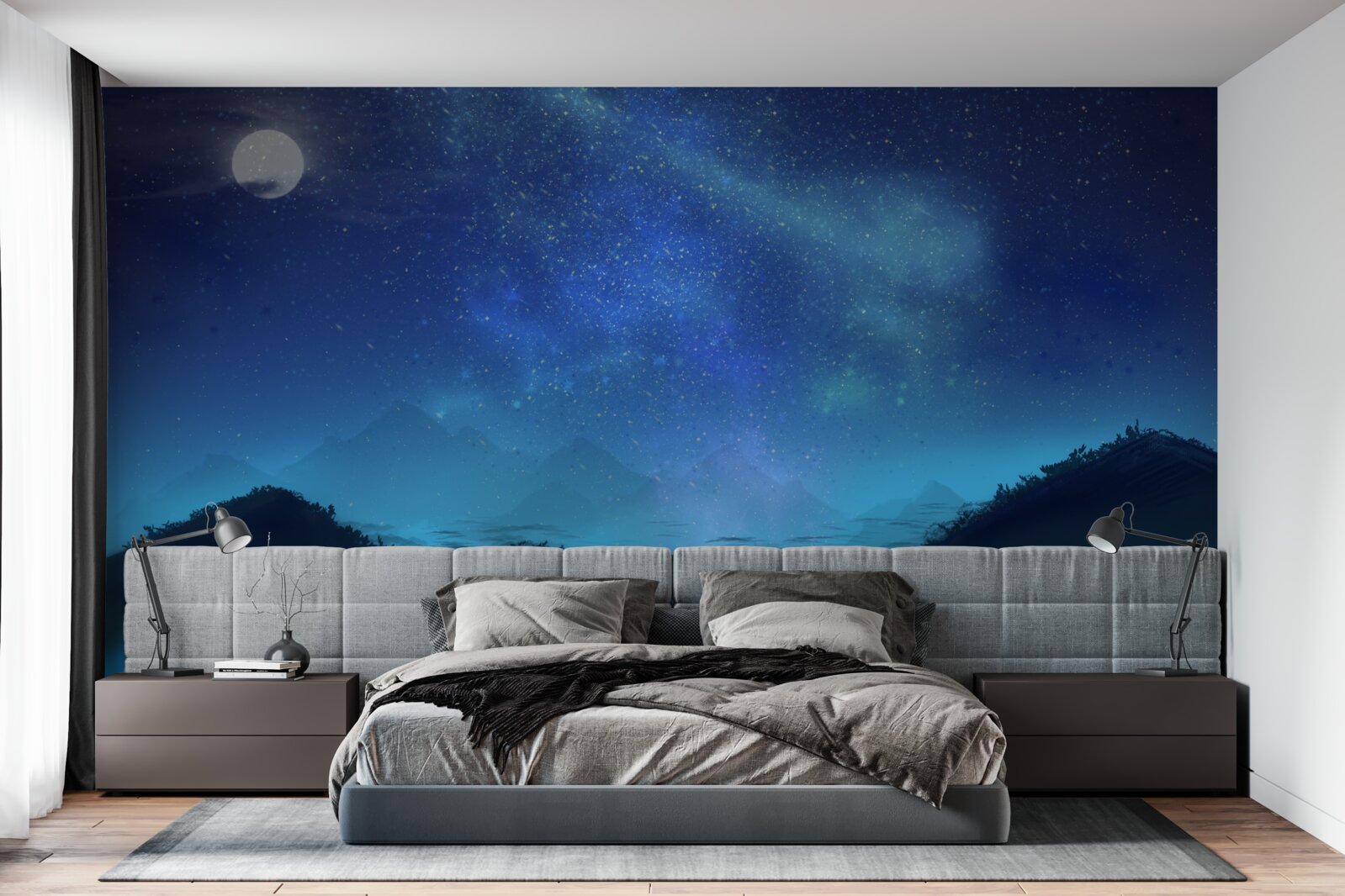 Fototapet Aurorele boreale și cerul înstelat deasupra vârfurilor munților