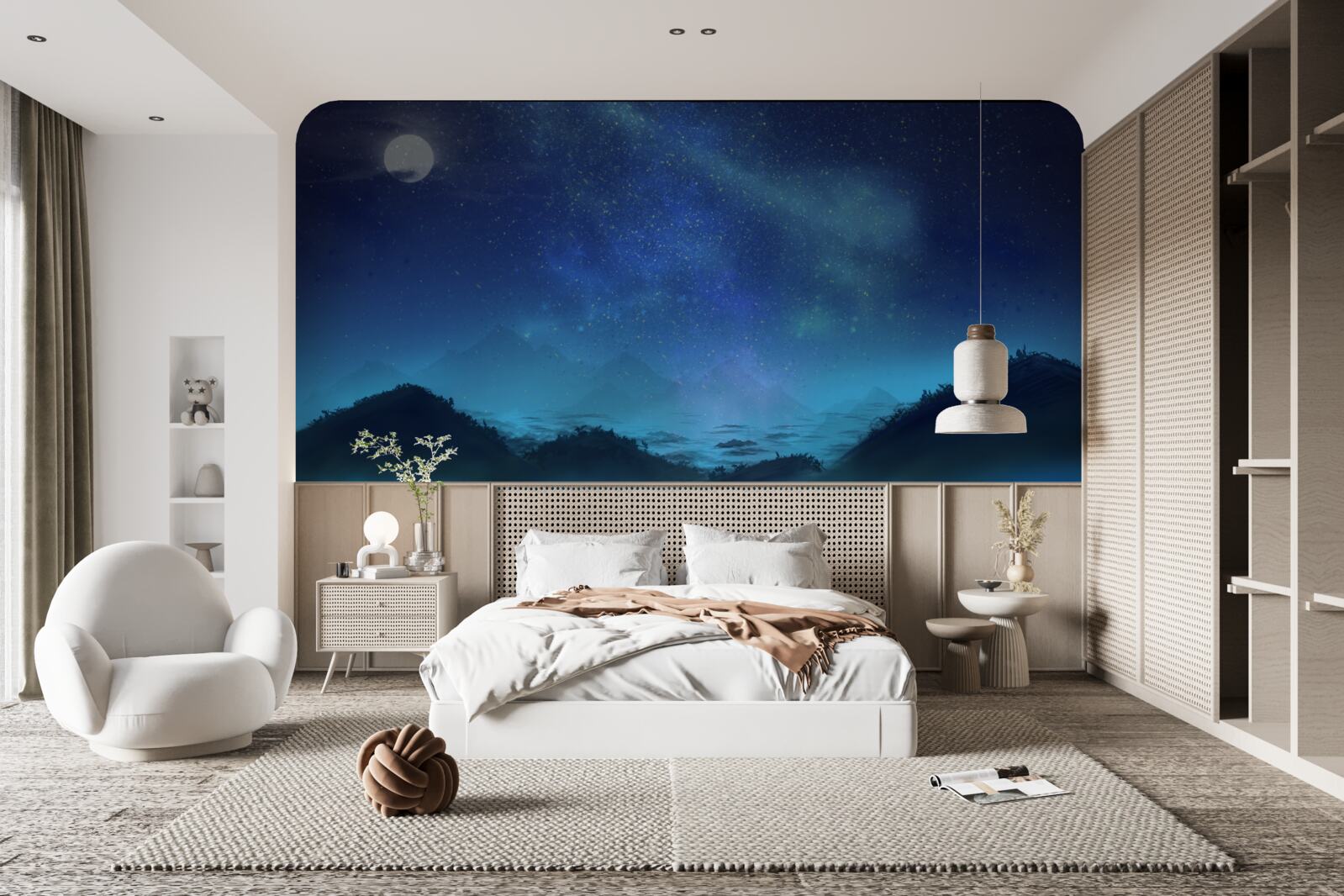 Fototapet Aurorele boreale și cerul înstelat deasupra vârfurilor munților