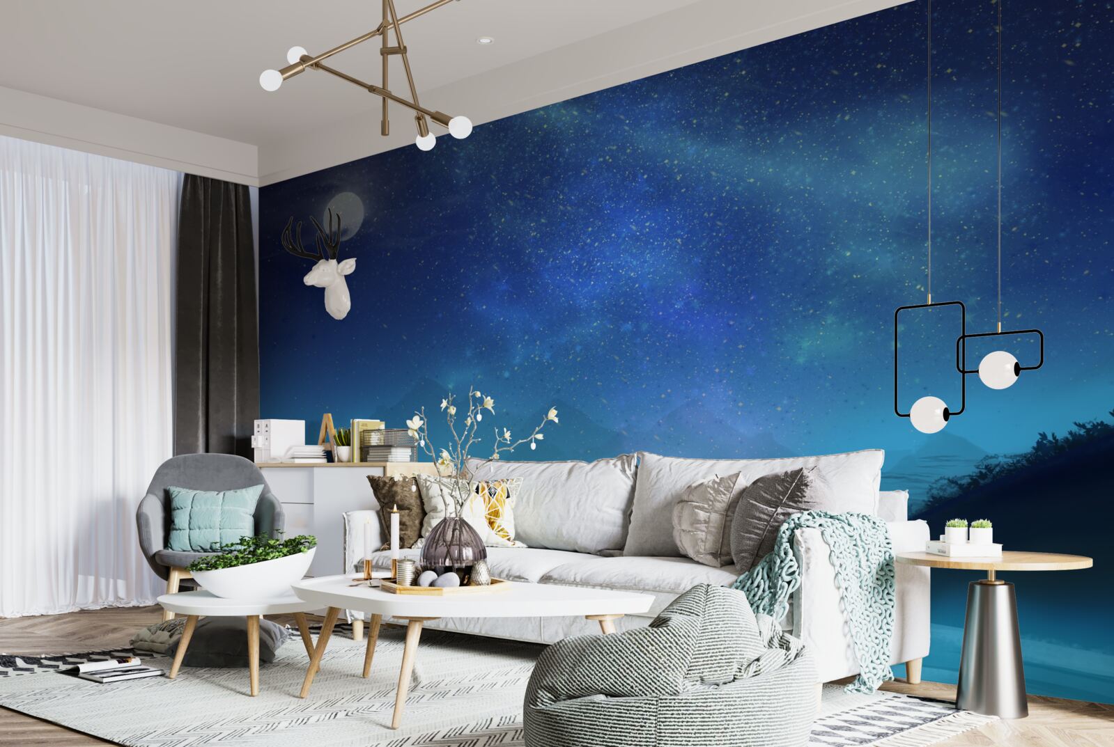 Fototapet Aurorele boreale și cerul înstelat deasupra vârfurilor munților