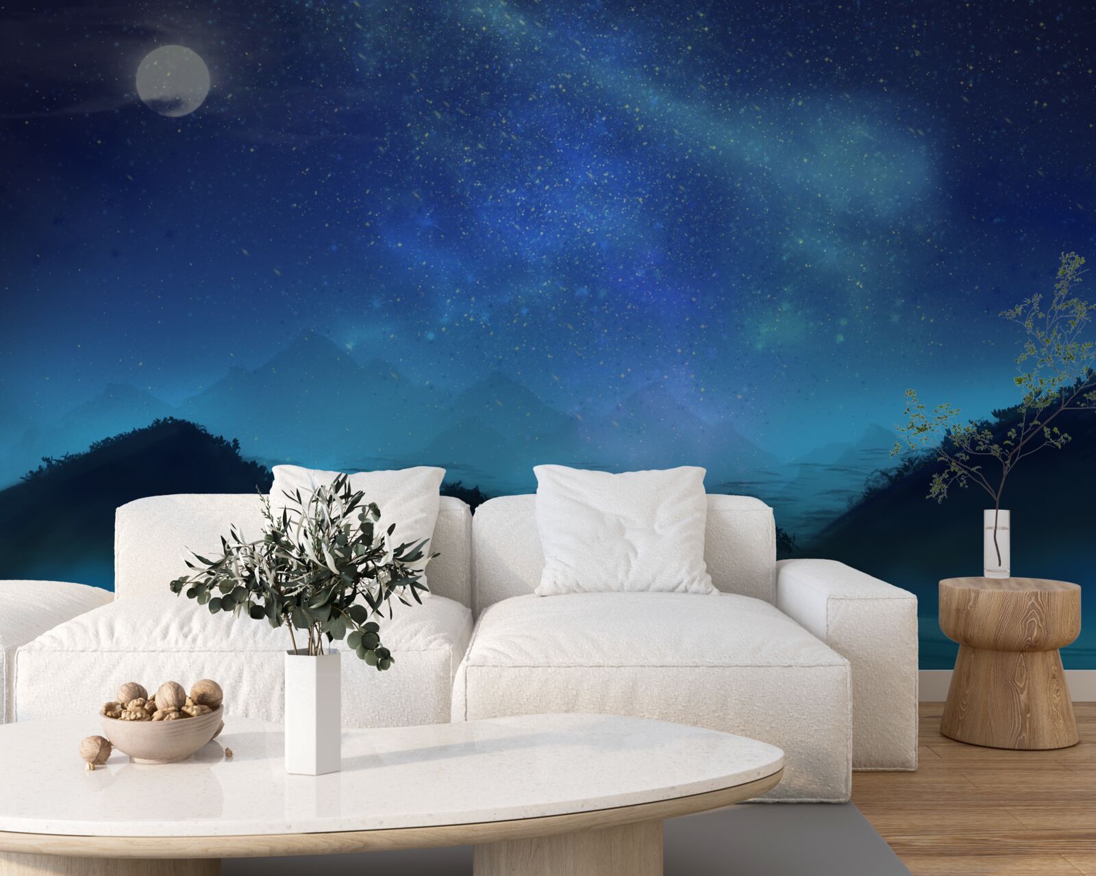 Fototapet Aurorele boreale și cerul înstelat deasupra vârfurilor munților