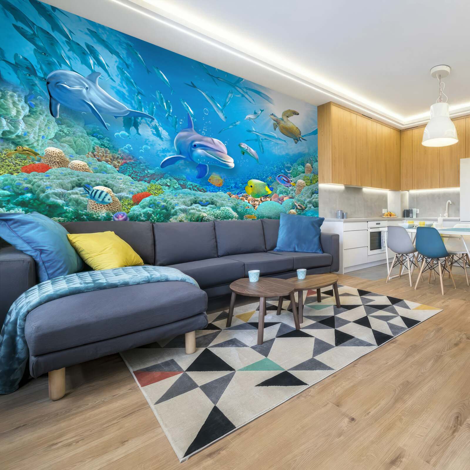 Fototapet un regat marin cu pești, țestoase și delfini