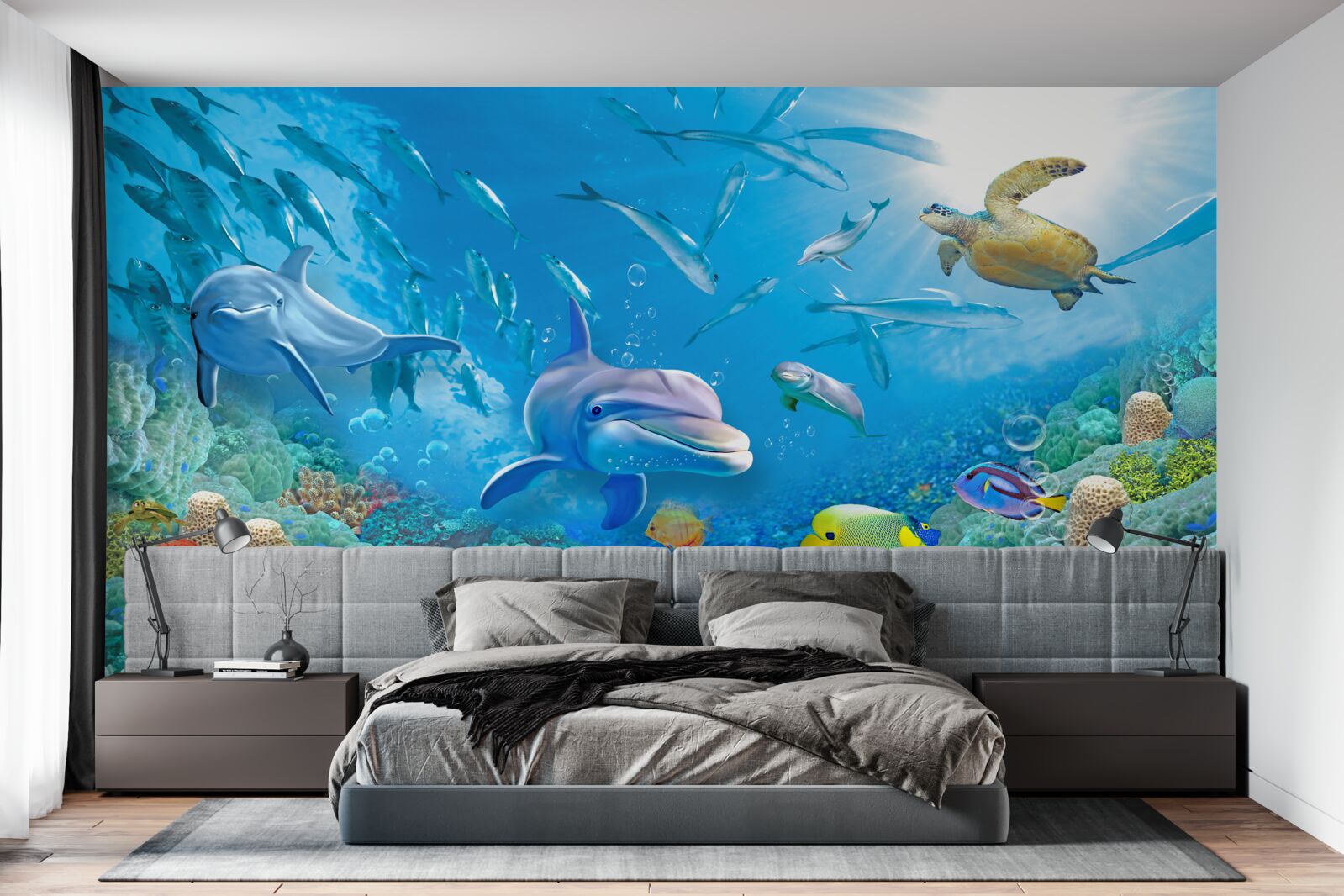 Fototapet un regat marin cu pești, țestoase și delfini