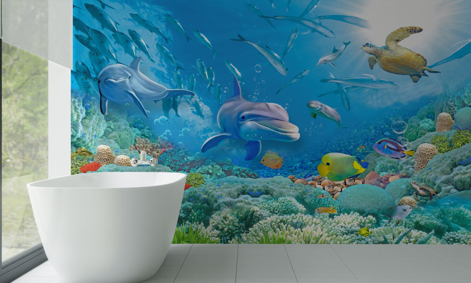 Fototapet un regat marin cu pești, țestoase și delfini