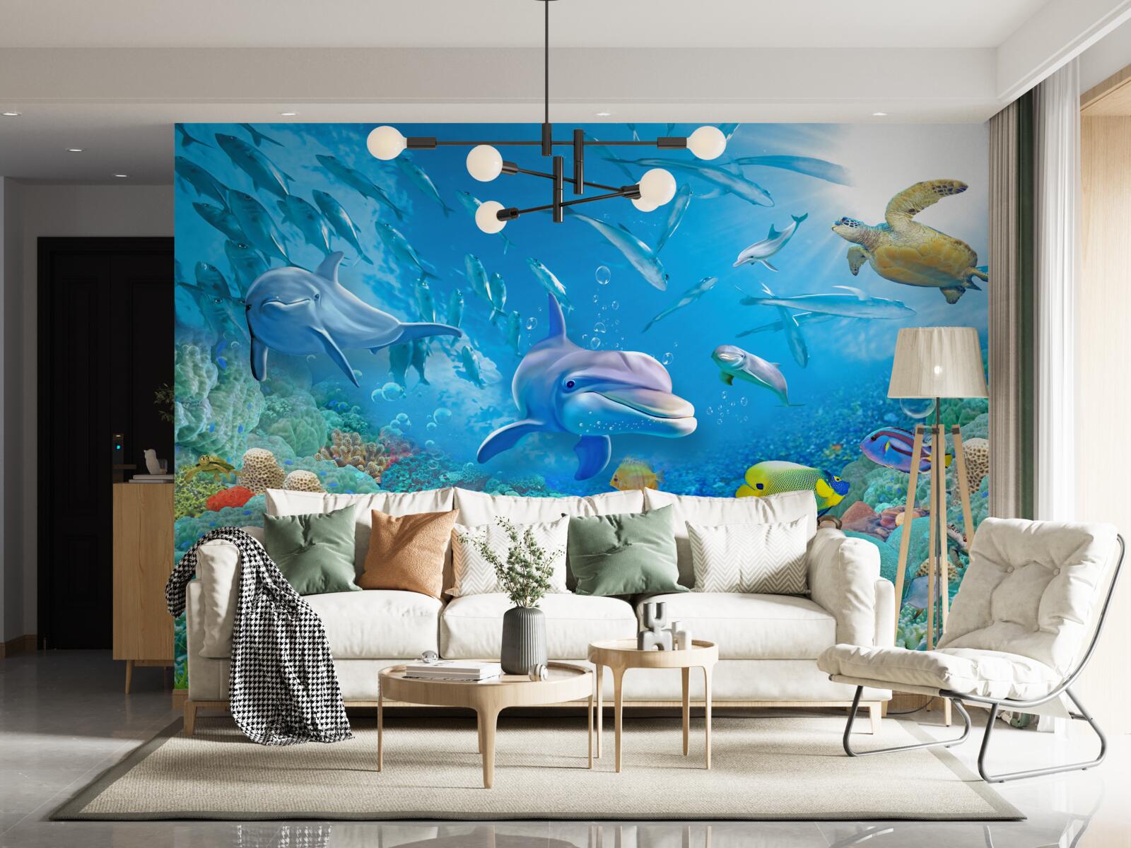 Fototapet un regat marin cu pești, țestoase și delfini