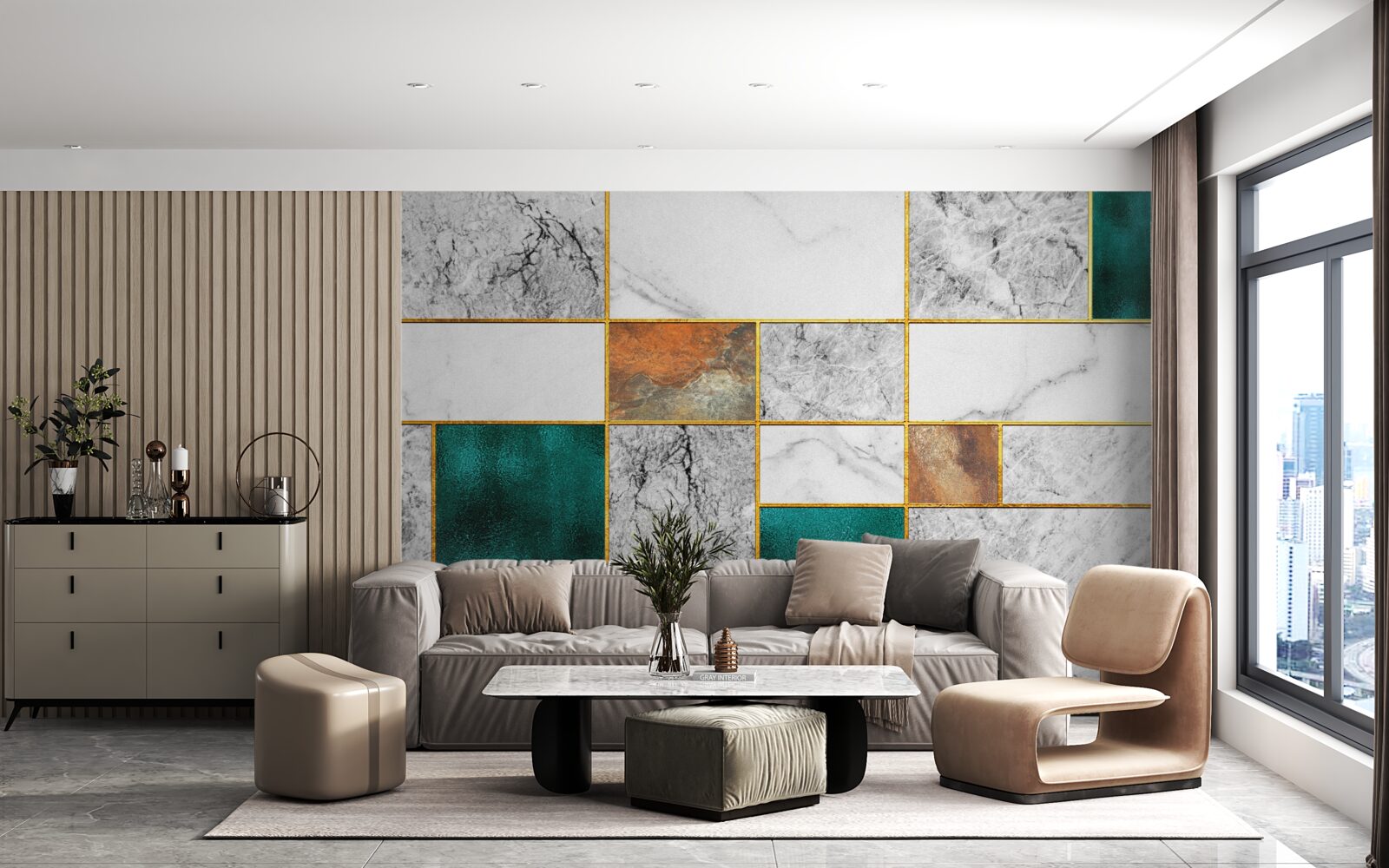 Fototapet smaraldul întâlnește mozaicul gri