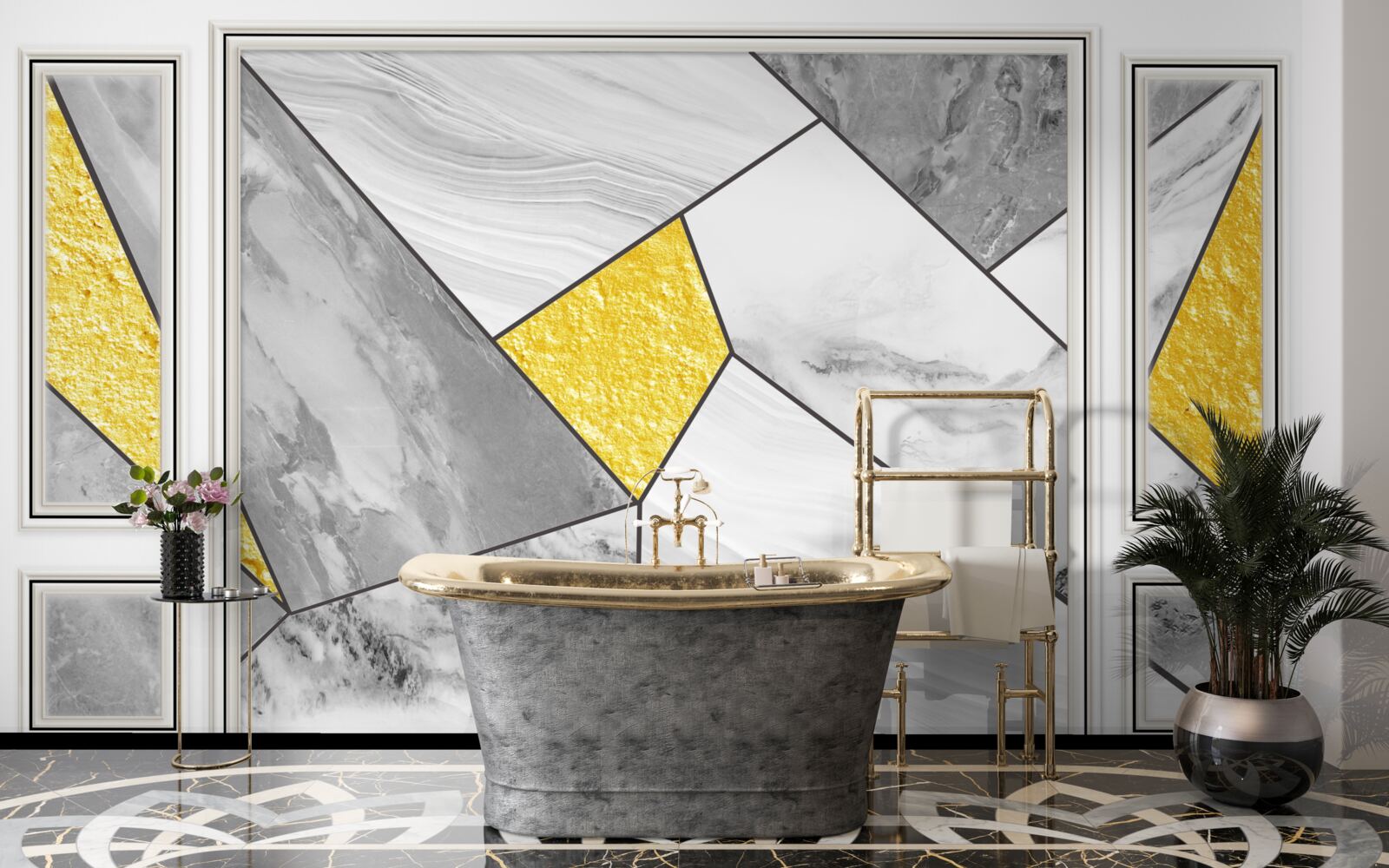 Fototapet mozaic gri cu elemente aurii