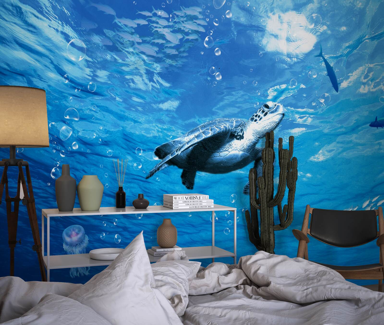 Fototapet marea albastră este decorată cu o țestoasă de mare