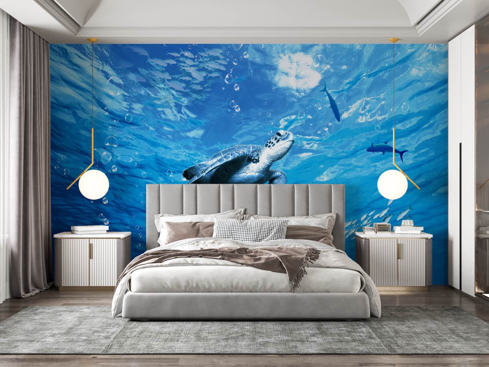 Fototapet marea albastră este decorată cu o țestoasă de mare