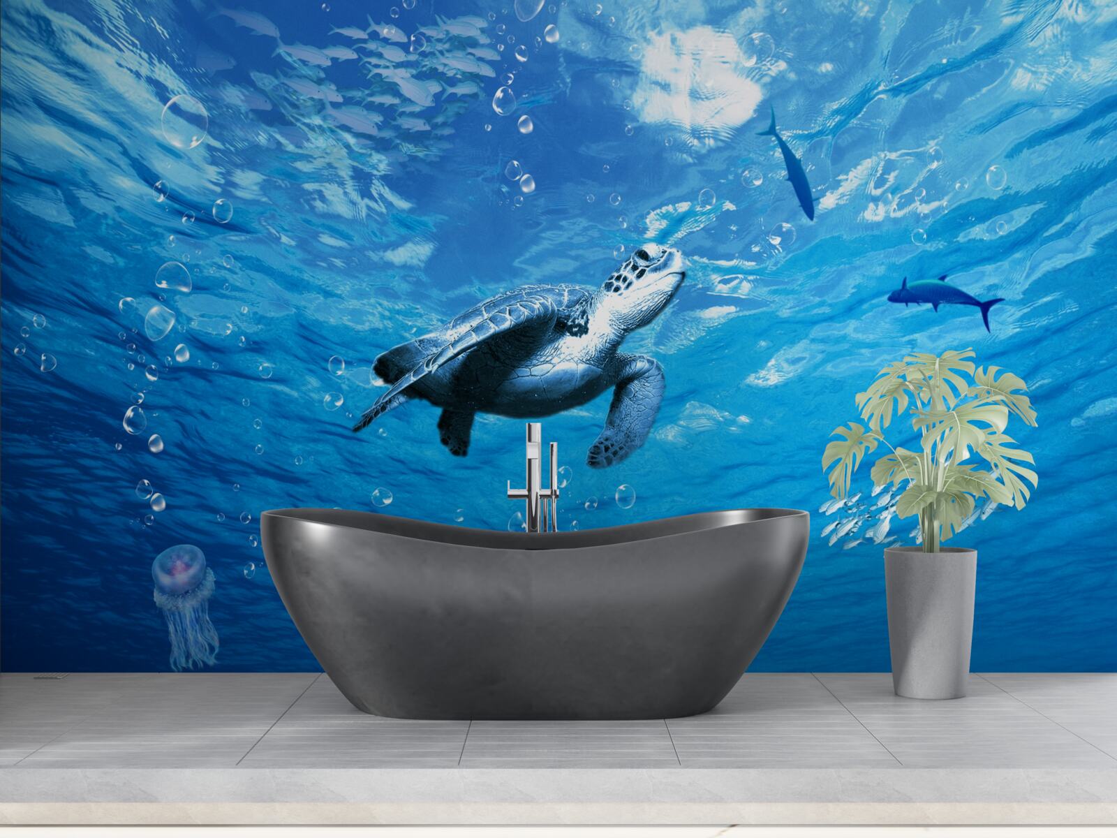 Fototapet marea albastră este decorată cu o țestoasă de mare