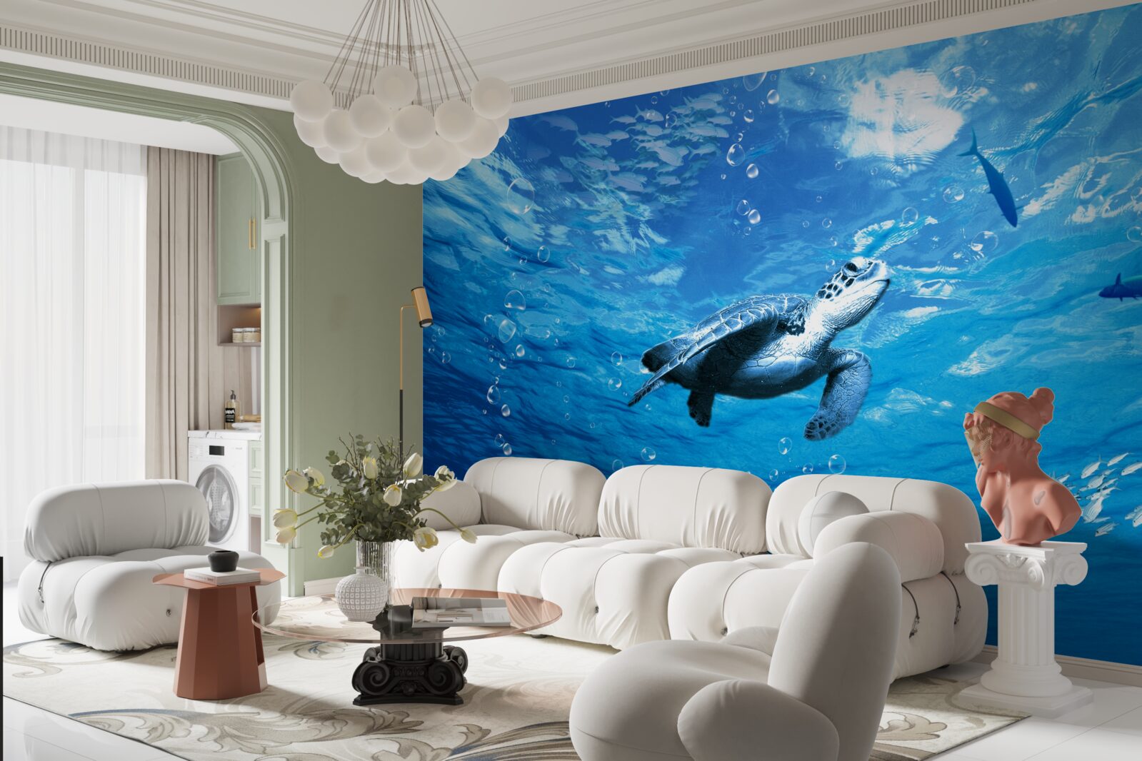 Fototapet marea albastră este decorată cu o țestoasă de mare