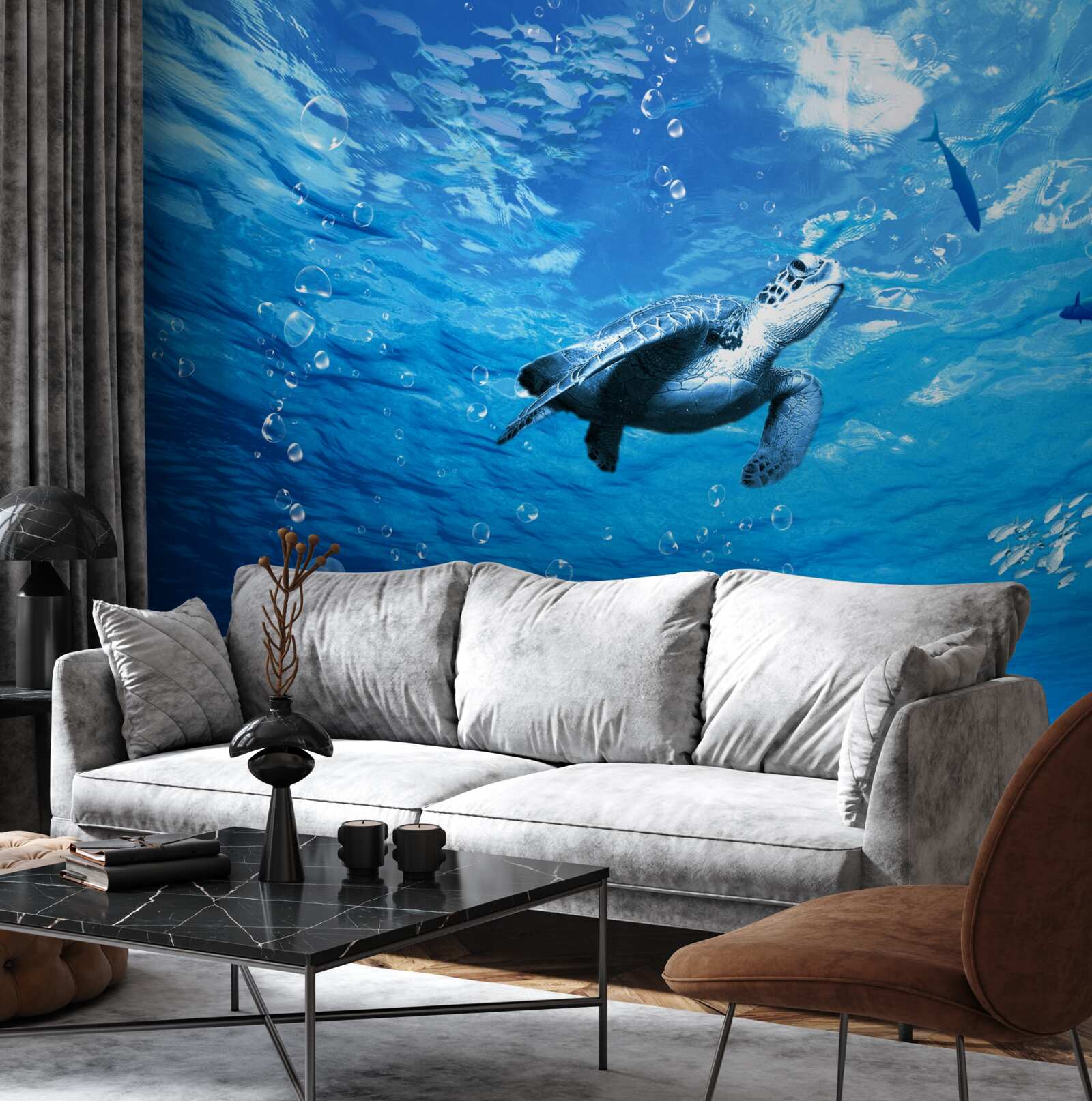 Fototapet marea albastră este decorată cu o țestoasă de mare