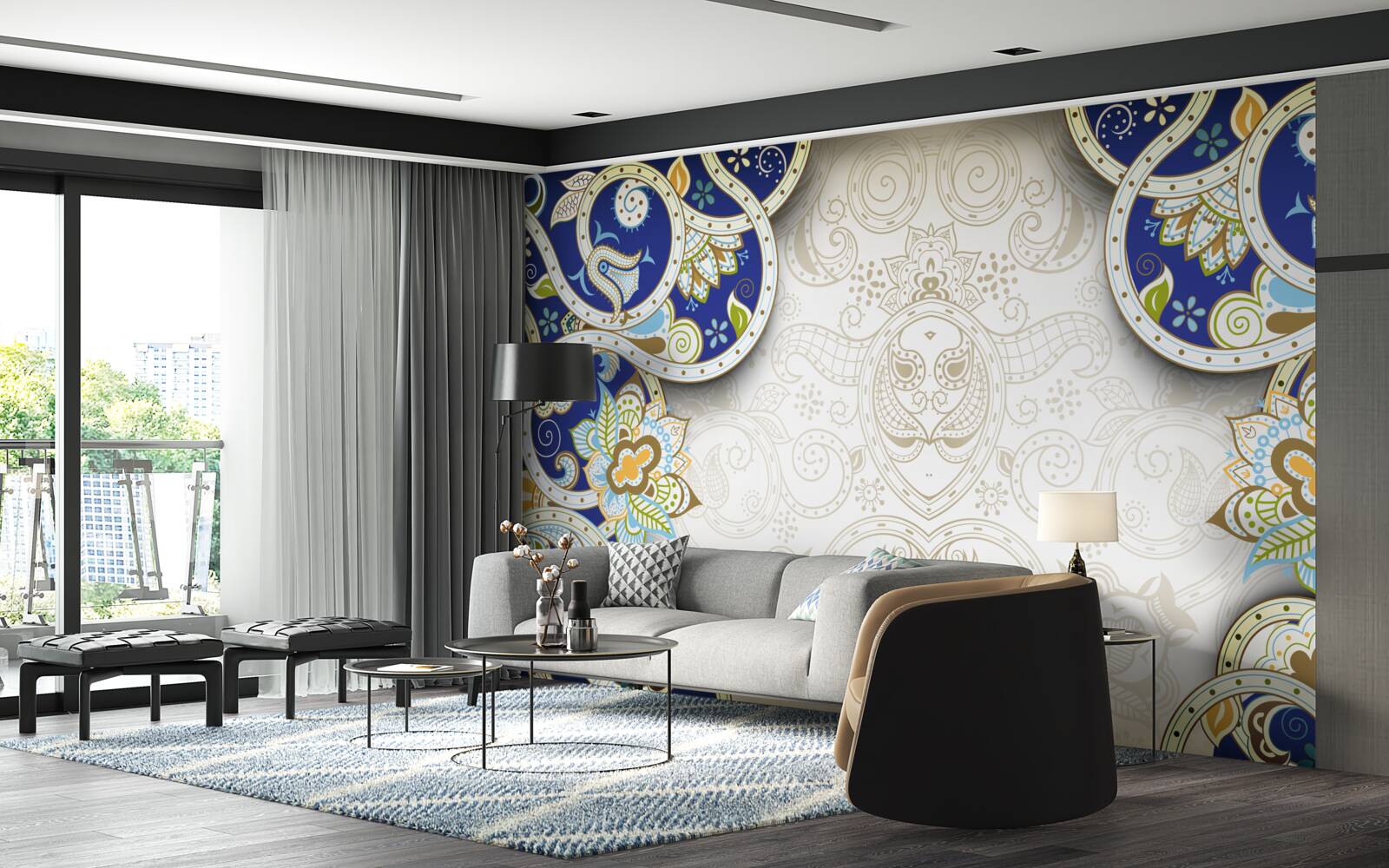 Fototapet decor în stil oriental în culori albastre