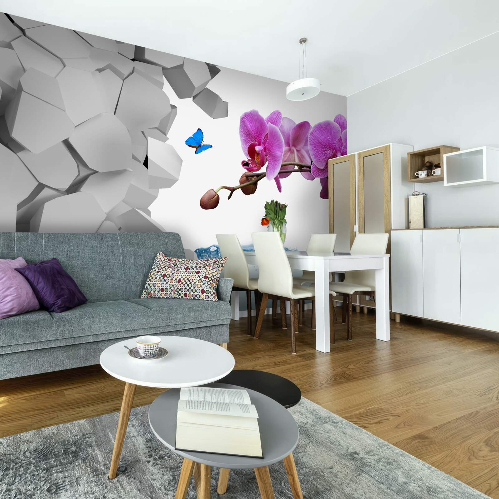 Fototapet orhidee mov și fluturi pe o ramură