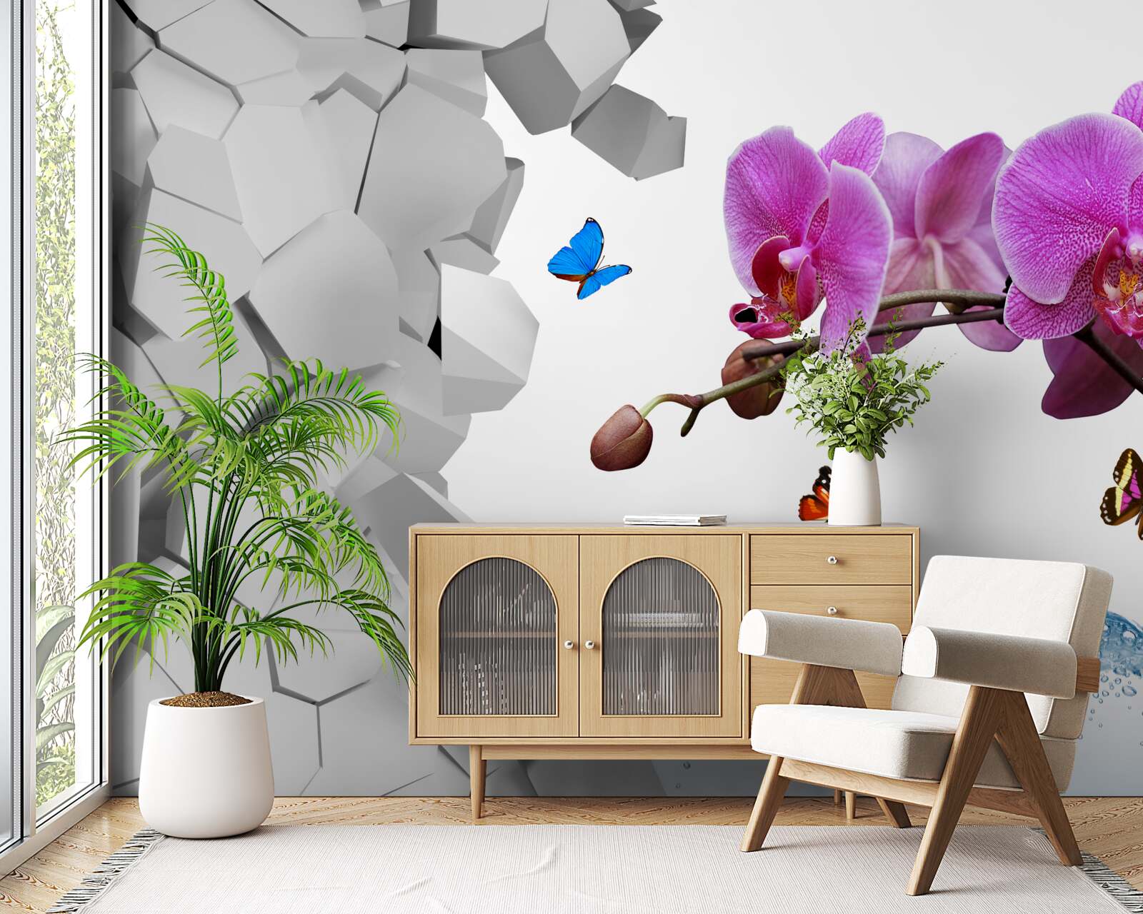 Fototapet orhidee mov și fluturi pe o ramură