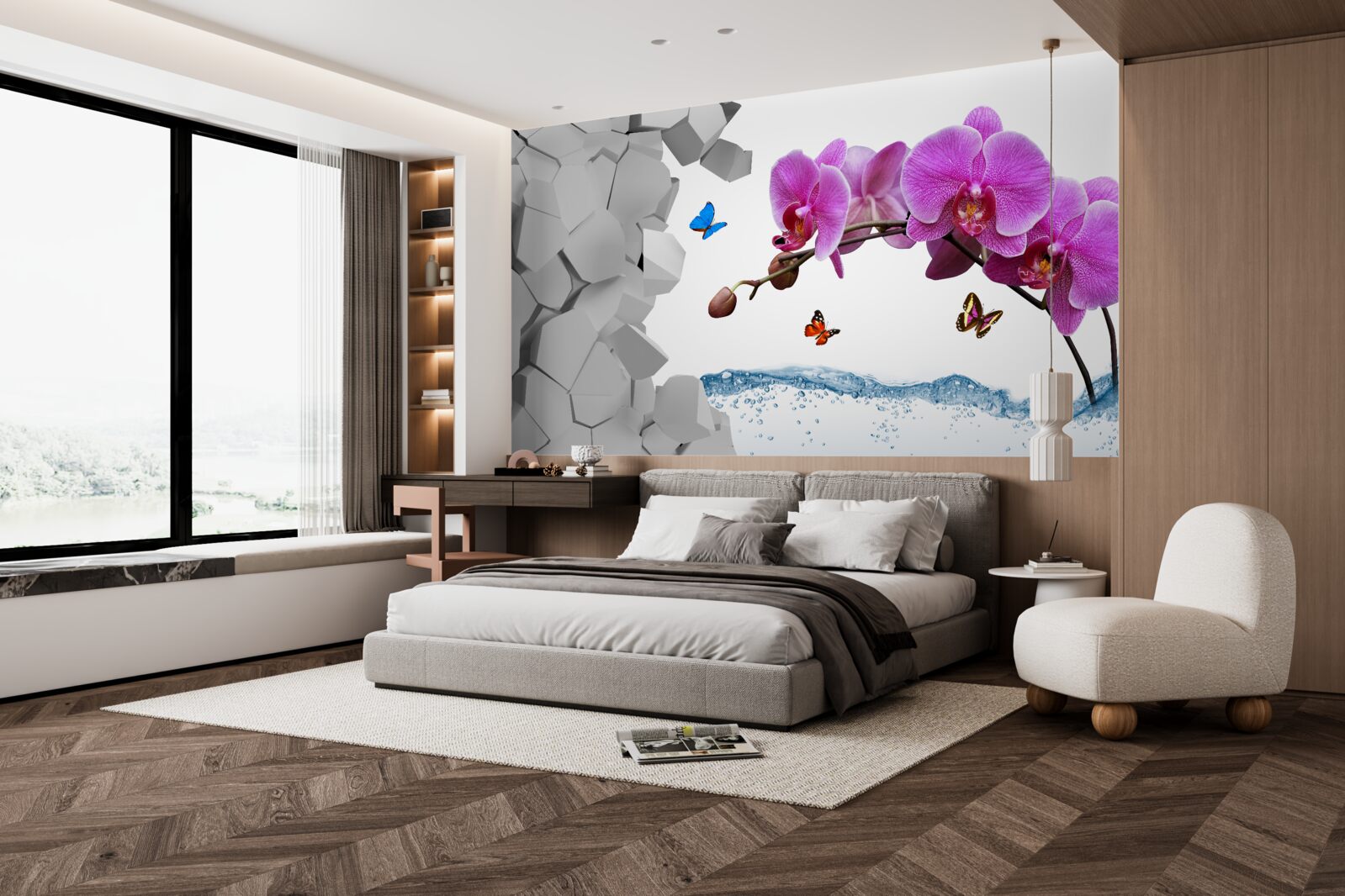 Fototapet orhidee mov și fluturi pe o ramură