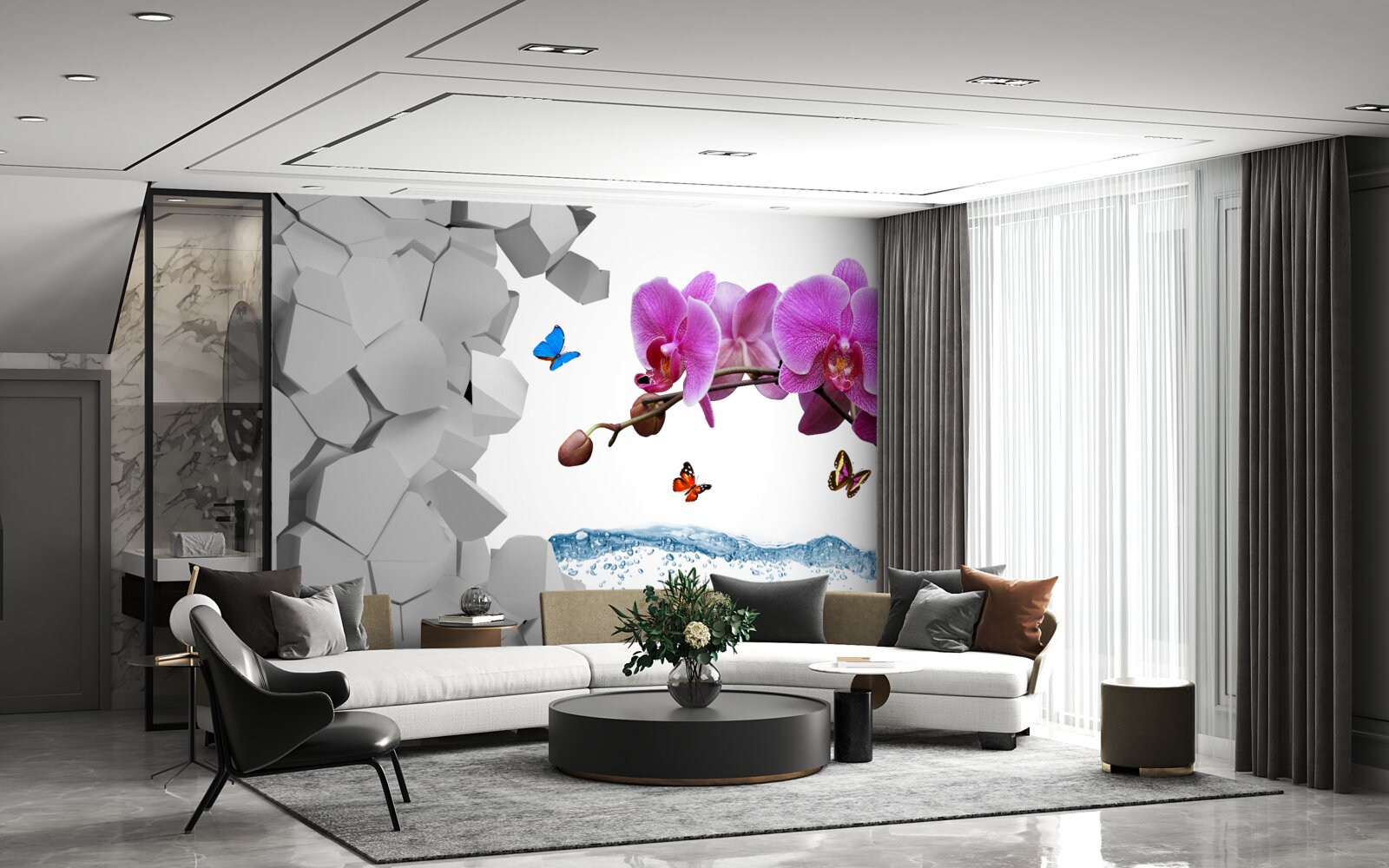 Fototapet orhidee mov și fluturi pe o ramură