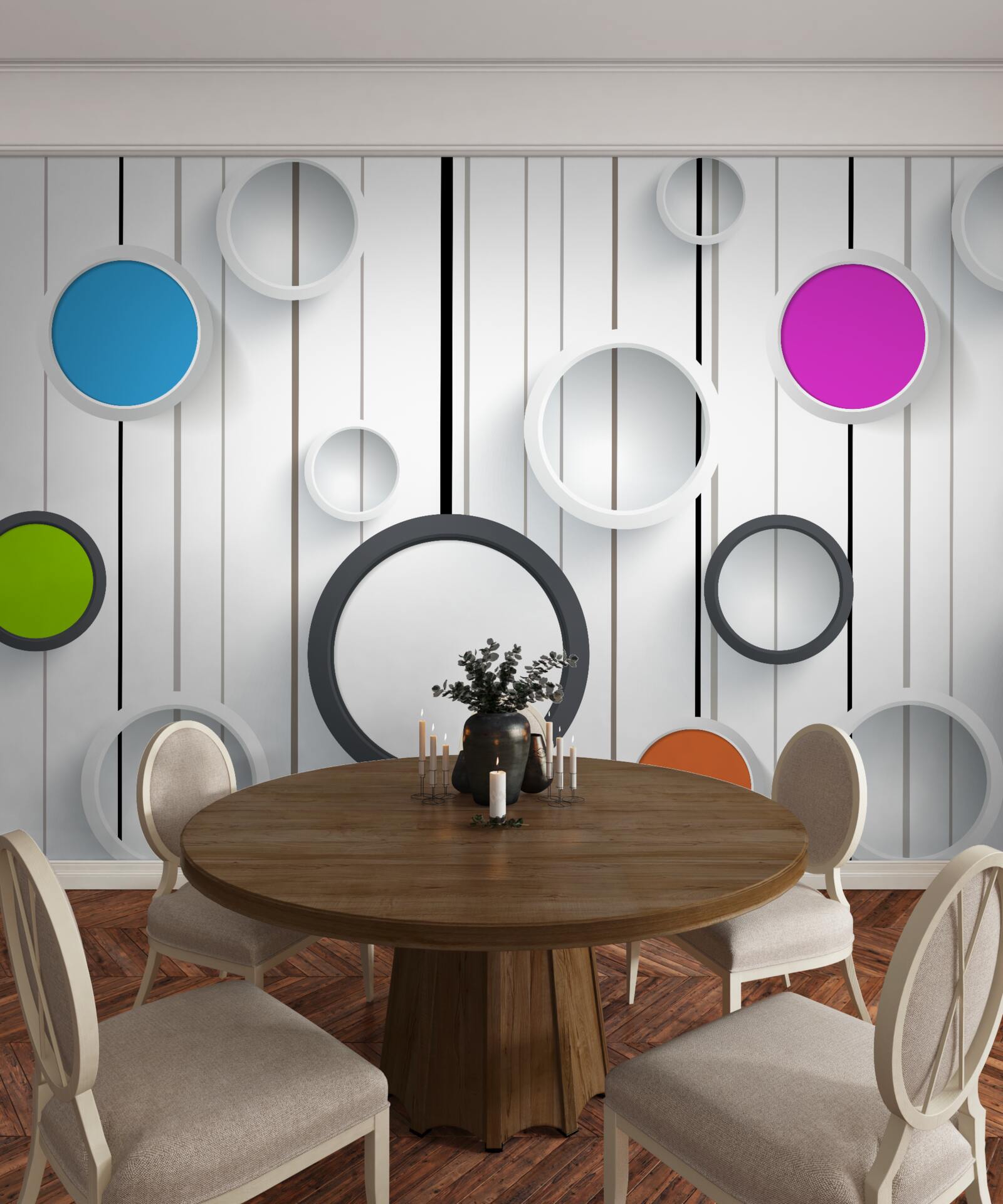 Fototapet cercuri multicolore pe un parchet deschis la culoare