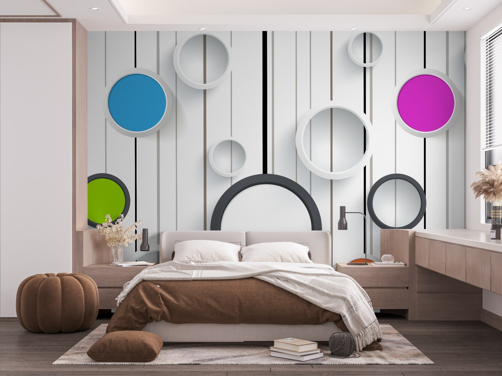 Fototapet cercuri multicolore pe un parchet deschis la culoare