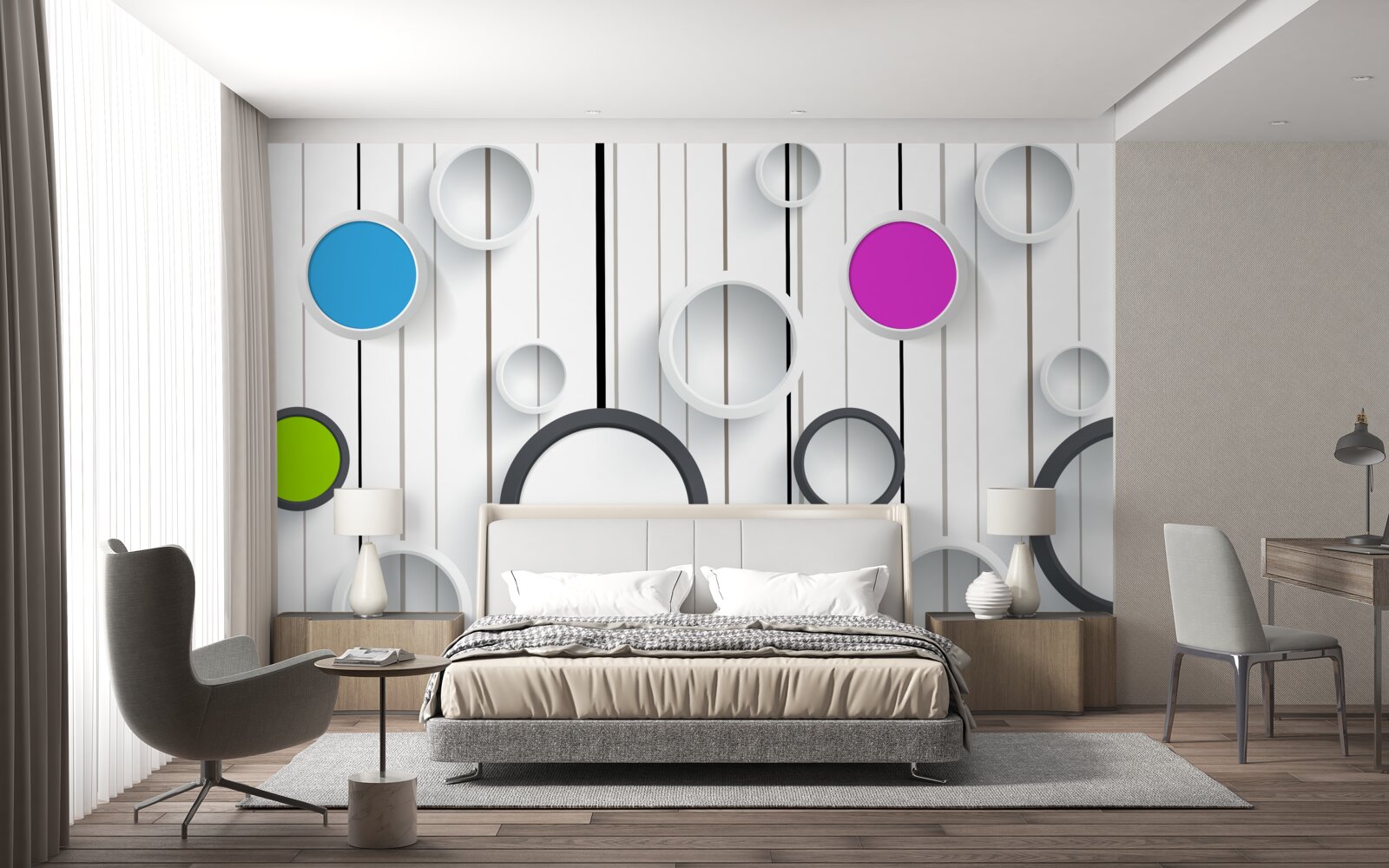 Fototapet cercuri multicolore pe un parchet deschis la culoare