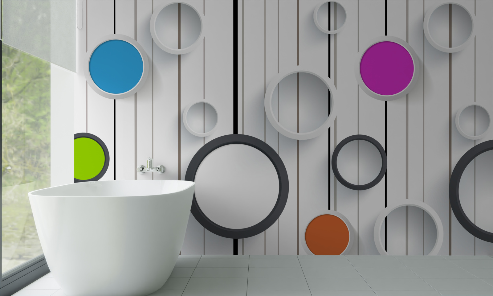 Fototapet cercuri multicolore pe un parchet deschis la culoare