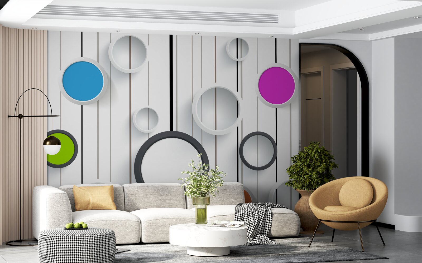 Fototapet cercuri multicolore pe un parchet deschis la culoare