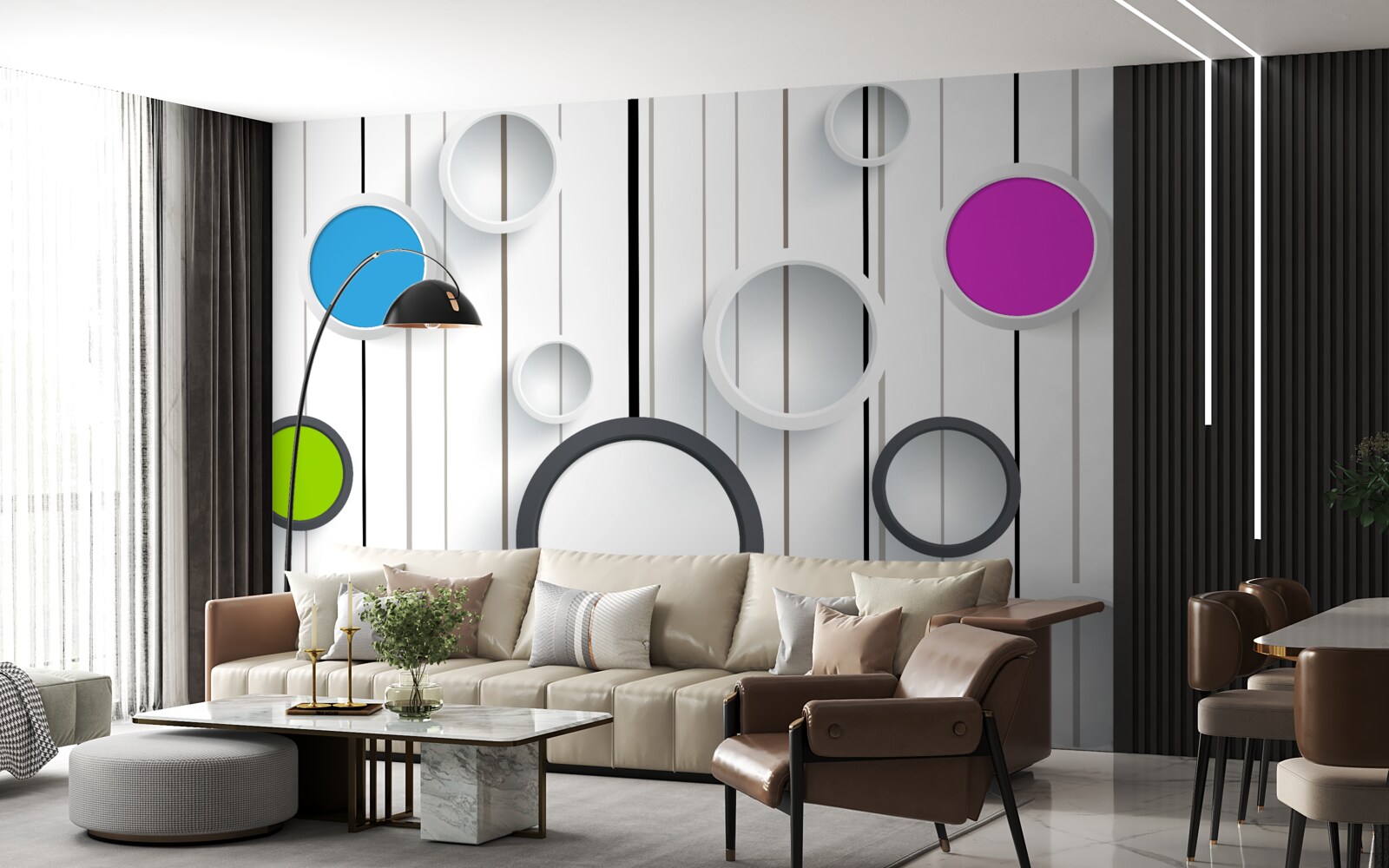 Fototapet cercuri multicolore pe un parchet deschis la culoare